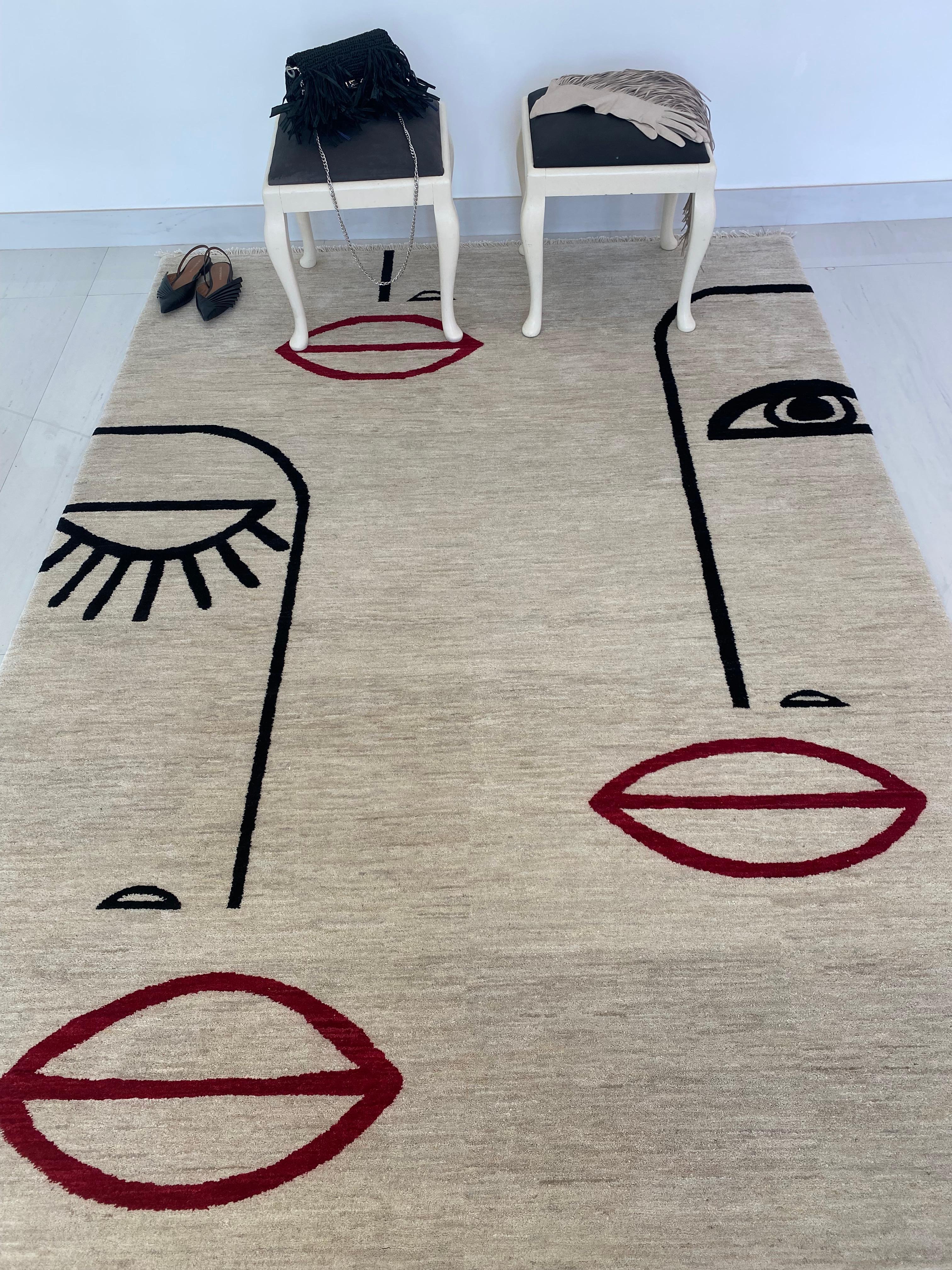 Teppich  Handgeknüpfter afghanischer Teppich für Damen in Neutral-Beige aus Wolle  Gesicht Rote Lippe Schwarz im Angebot 1
