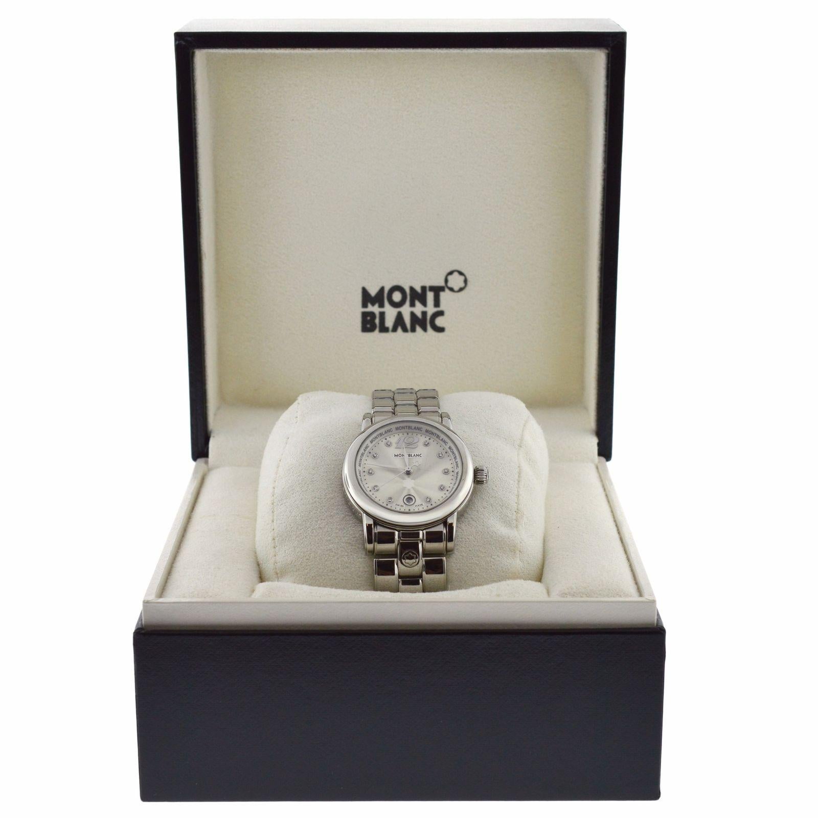 Brand	Montblanc
Model	Meisterstuck 7079
Gender	Ladies
Condition	Pre-owned
Movement	Swiss Quartz
Case Material	Stainless Steel
Bracelet / Strap Material	
Stainless Steel

Clasp / Buckle Material	
Stainless Steel

Clasp Type	Butterfly