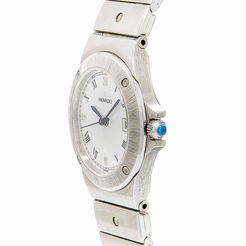 Modern Ladies Movado 3989469 White Dial Date Stainless Steel Quartz Watch For Sale