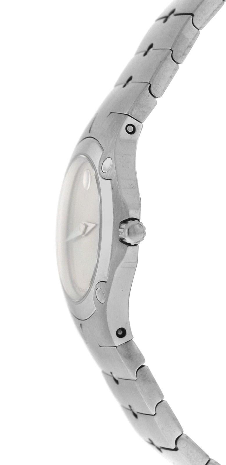 Brand	Movado
Model	Sports Edition 84.A1.1831
Gender	Ladies
Condition	Pre-owned
Movement	Swiss Quartz
Case Material	Stainless Steel
Bracelet / Strap Material	
Stainless Steel

Clasp / Buckle Material	
Stainless Steel	
Clasp Type	Butterfly