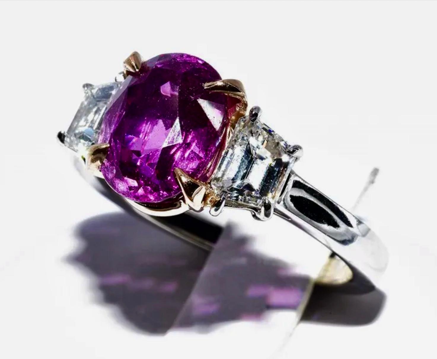 Oval Cut Ladies Natural Pink Sapphire and Diamond Plat. & 18K Yellow Gold Ring For Sale