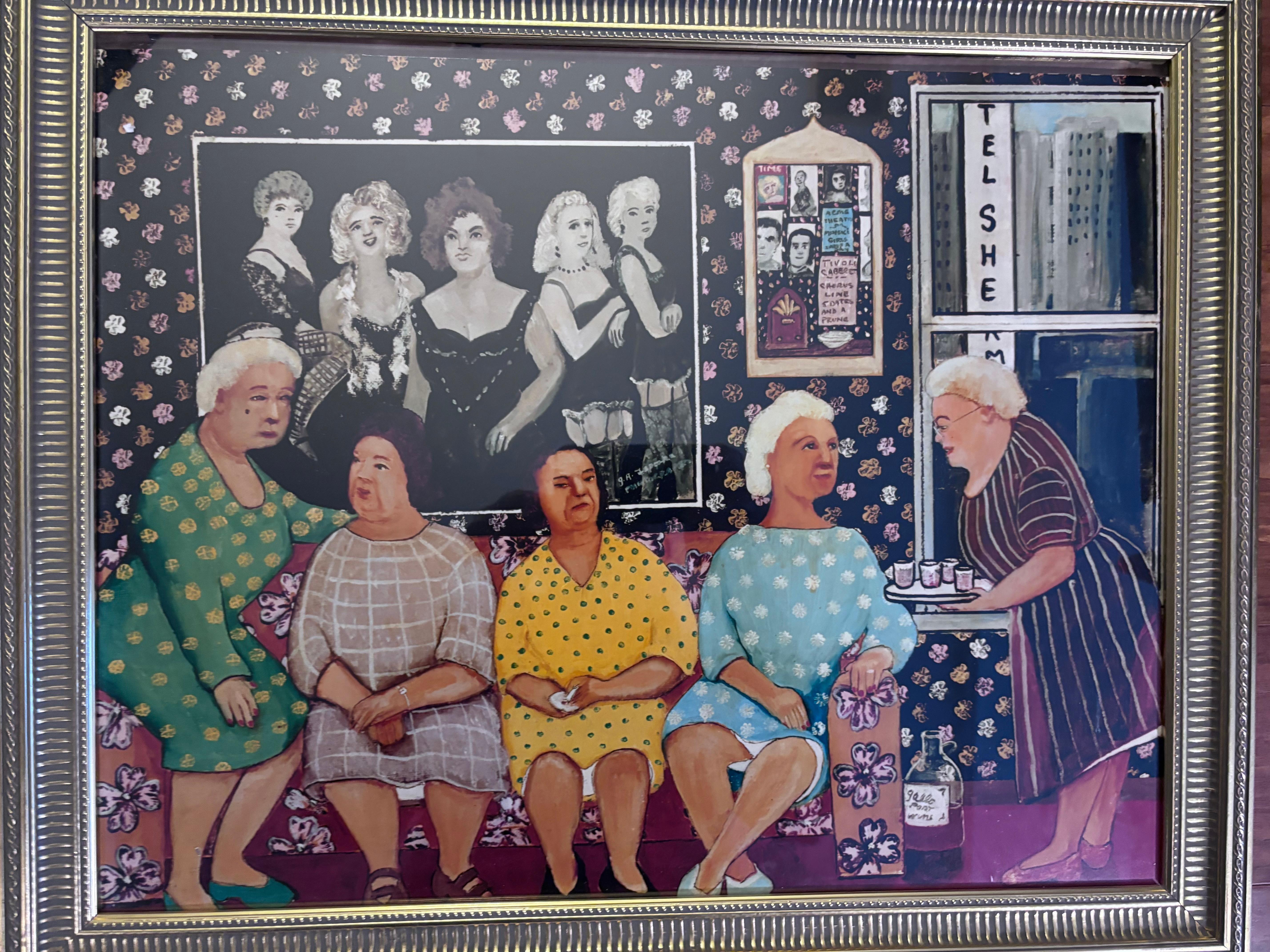 Artisanat Ladies Night Outpping Wine Print Outsider Folk Artist Gloria Laposka en vente