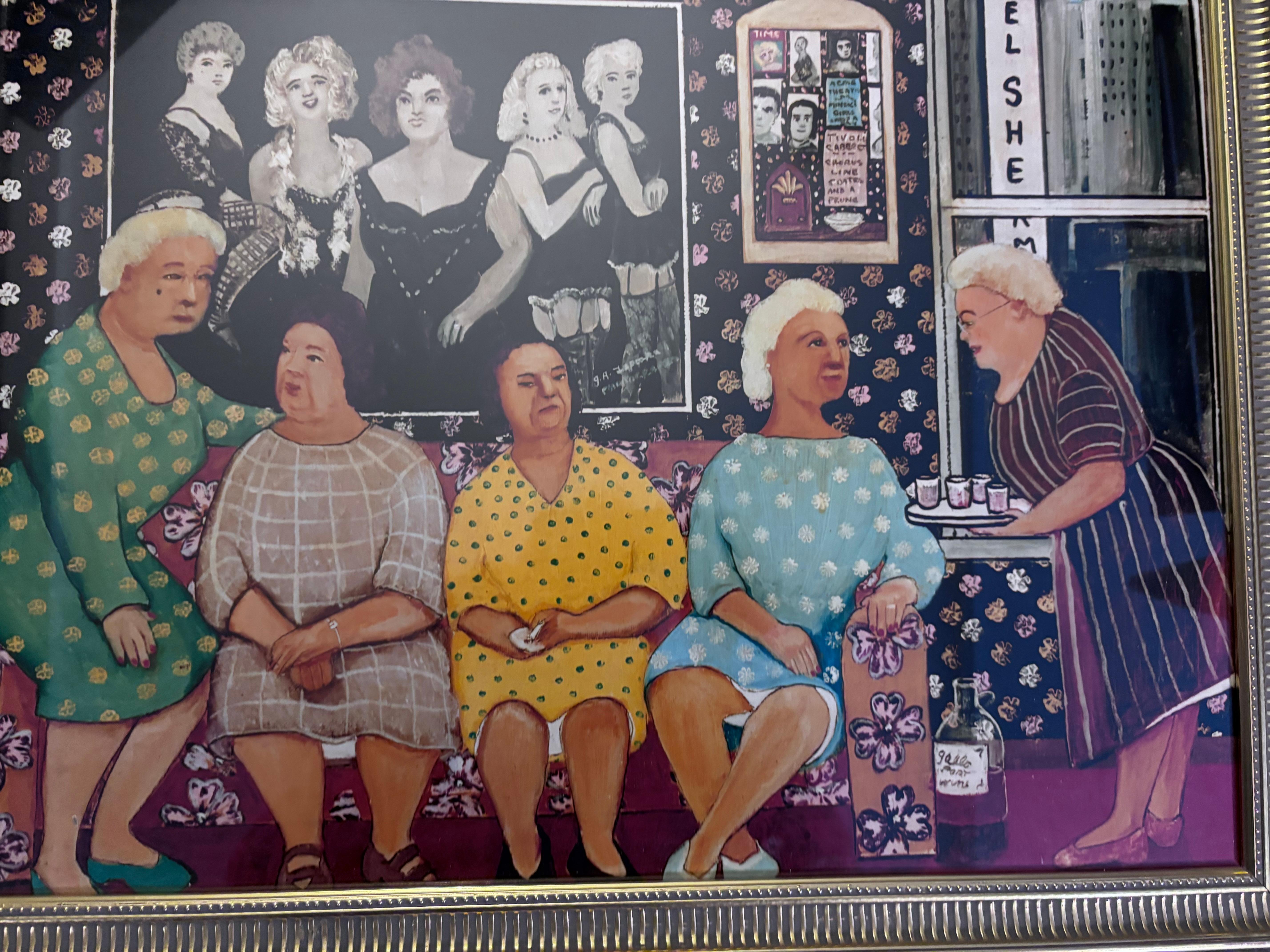 Américain Ladies Night Outpping Wine Print Outsider Folk Artist Gloria Laposka en vente