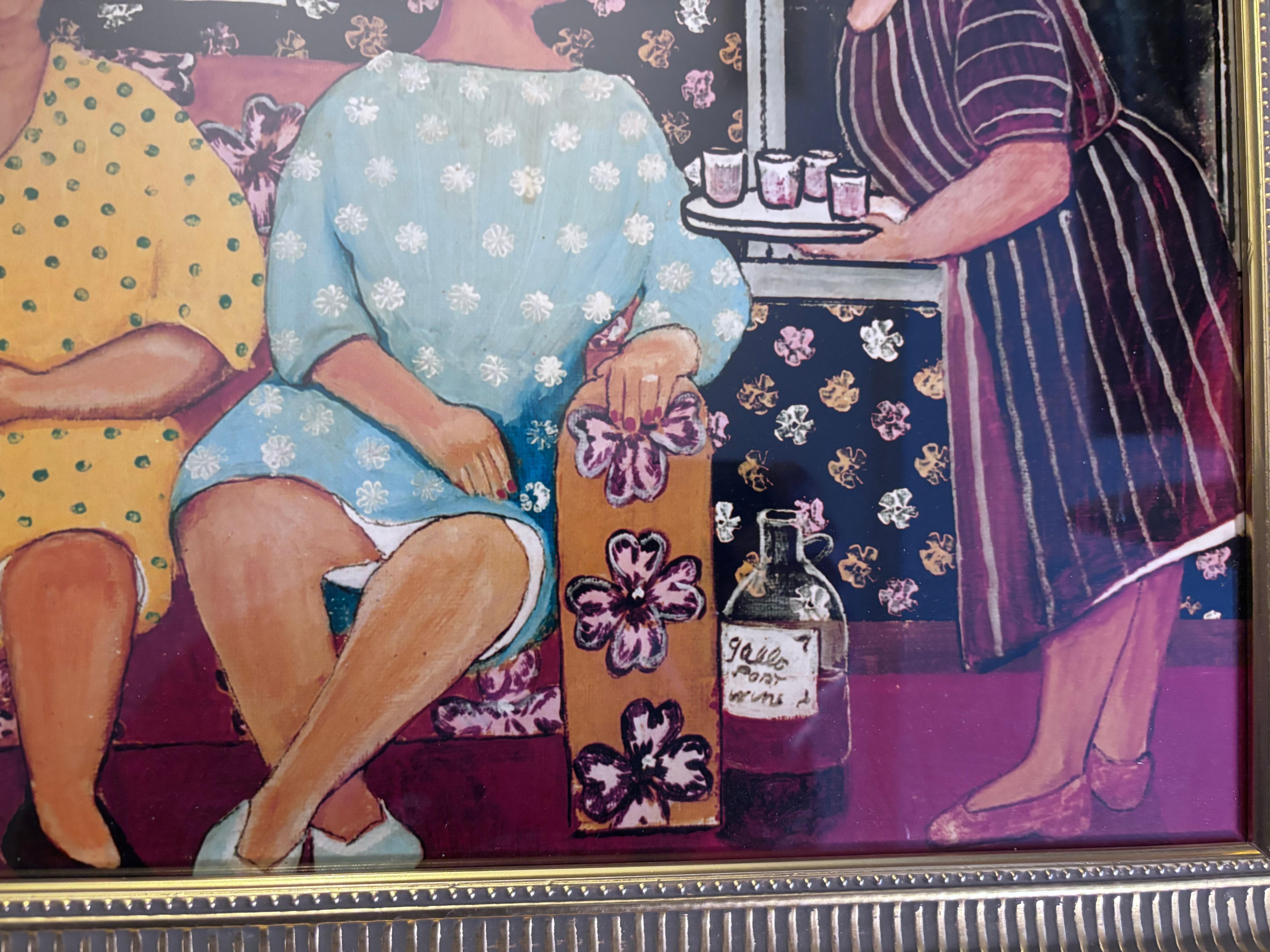 Ladies Night Outpping Wine Print Outsider Folk Artist Gloria Laposka Bon état - En vente à South Burlington, VT