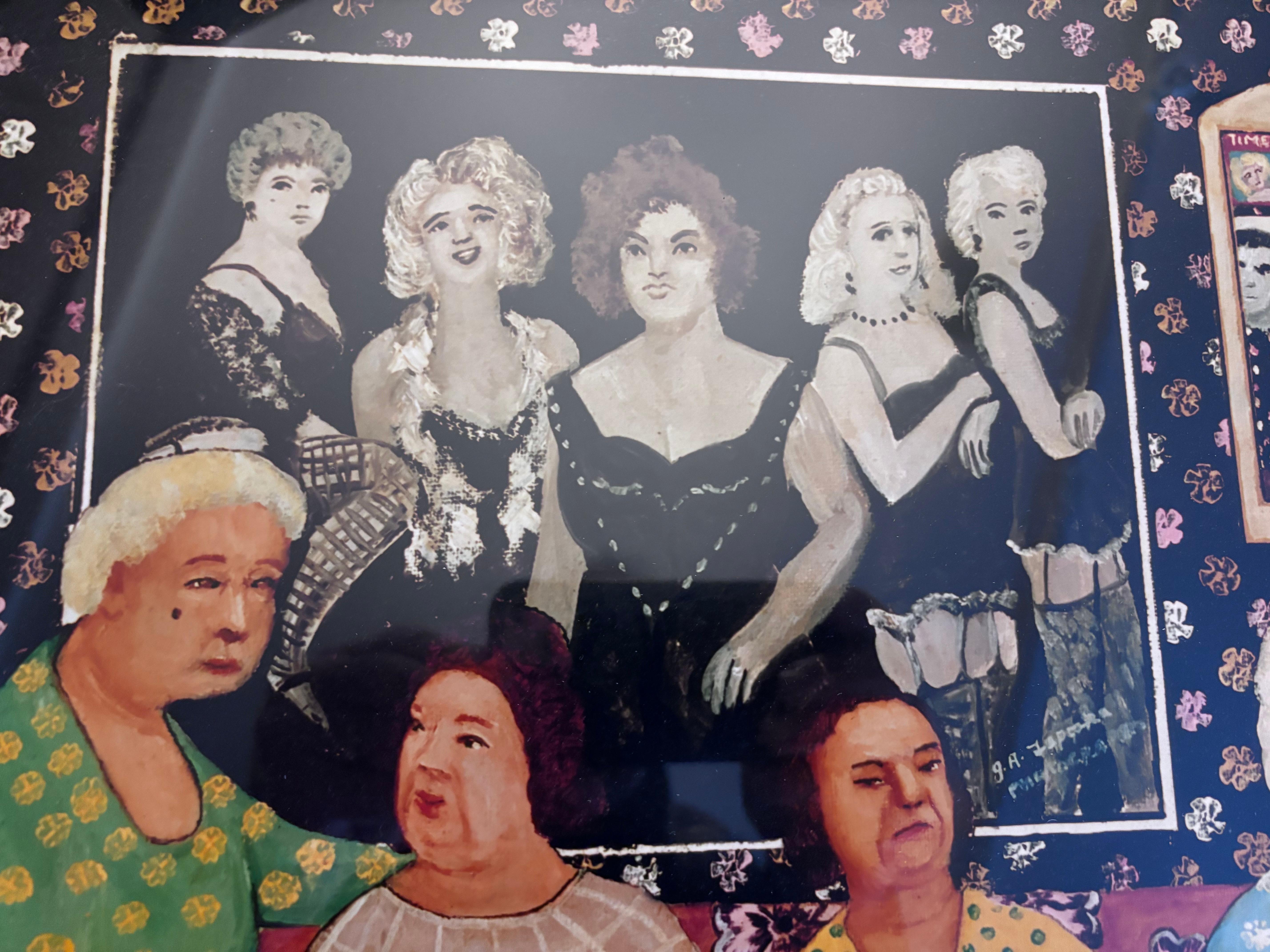 Papier Ladies Night Outpping Wine Print Outsider Folk Artist Gloria Laposka en vente