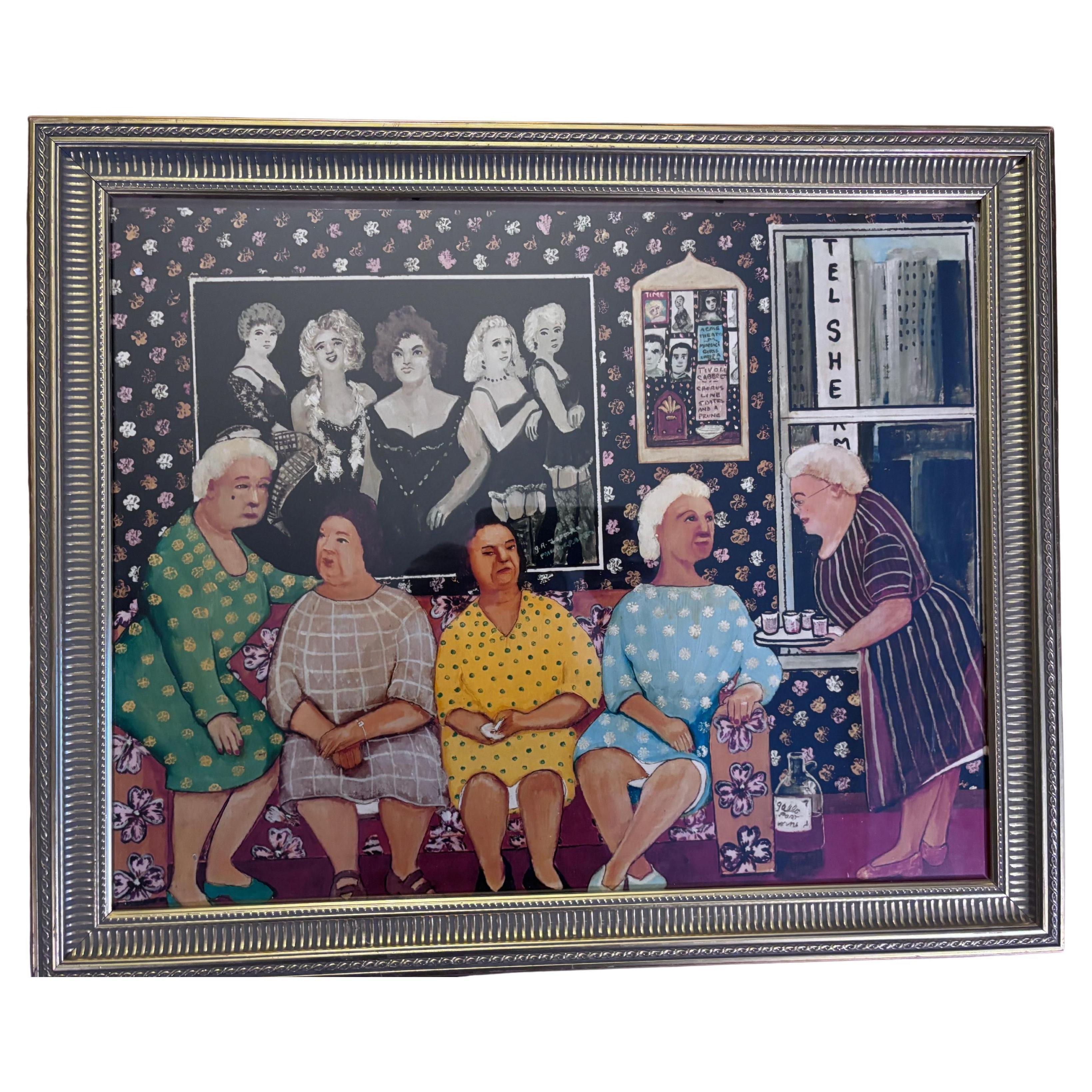 Ladies Night Out Sipping Wine Print Outsider Folk Artist Gloria Laposka
