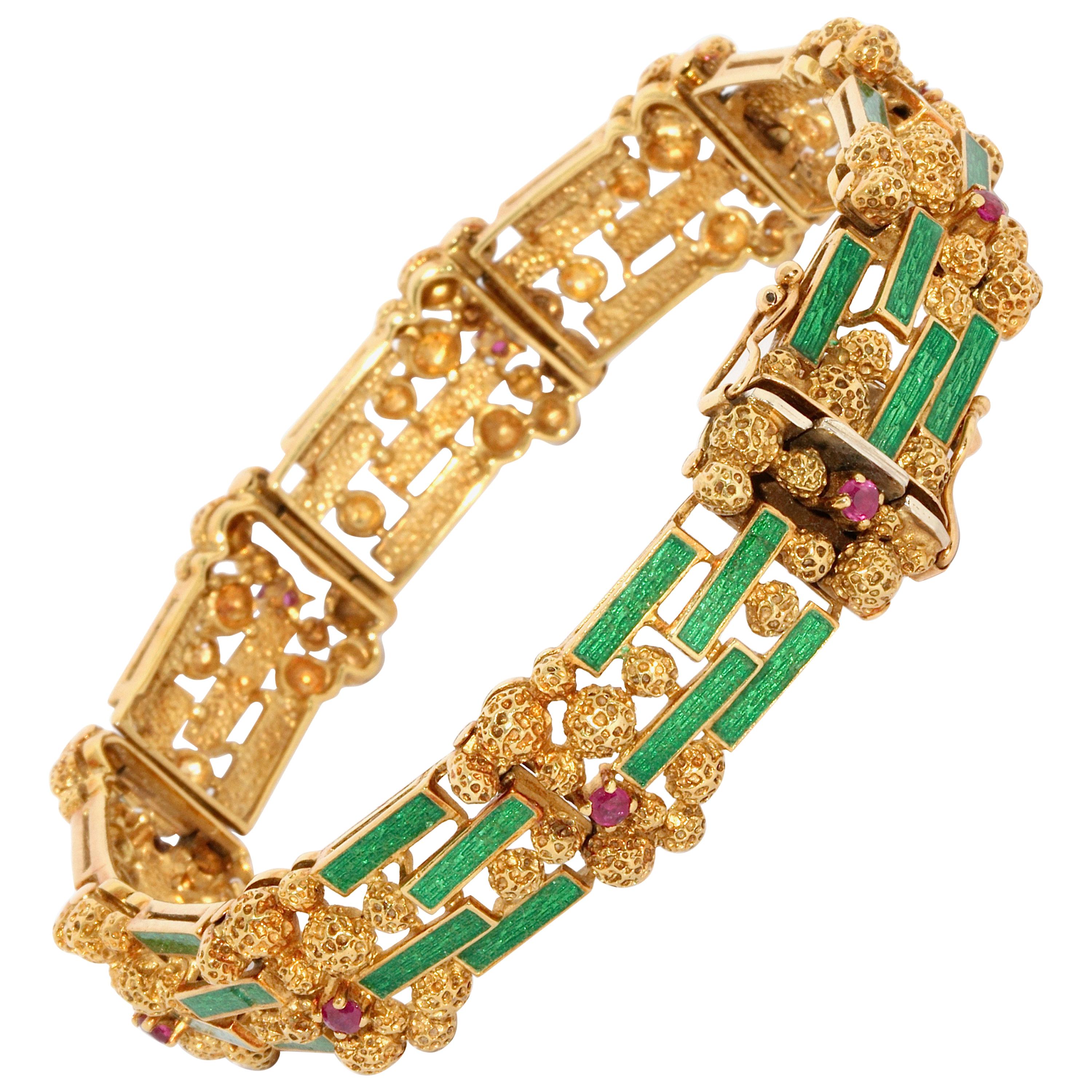 Ladies Nugget Gold Bracelet, 18 Karat, Set with Green Enamel and Rubies