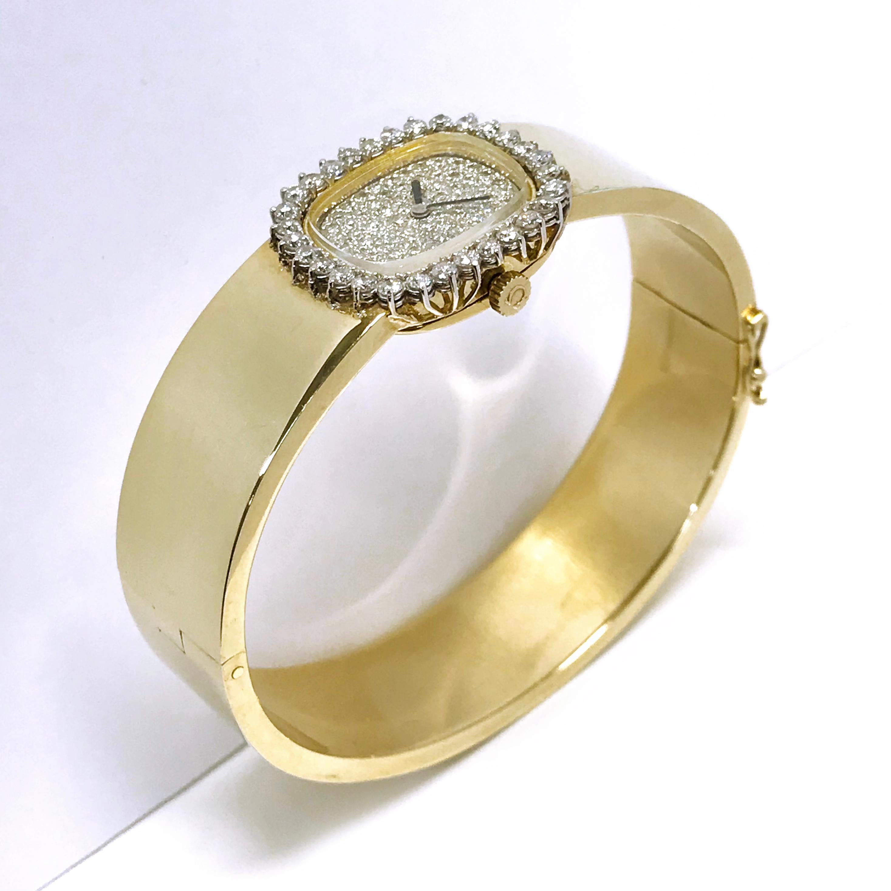 Retro Omega Ladies Yellow Gold Diamond Bangle Watch For Sale