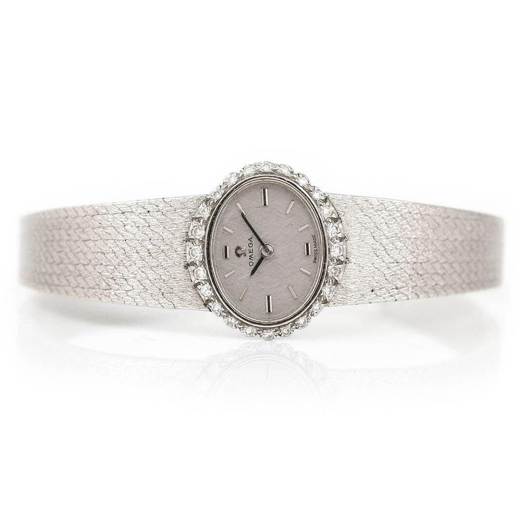 omega vintage ladies 14k white gold diamond watch