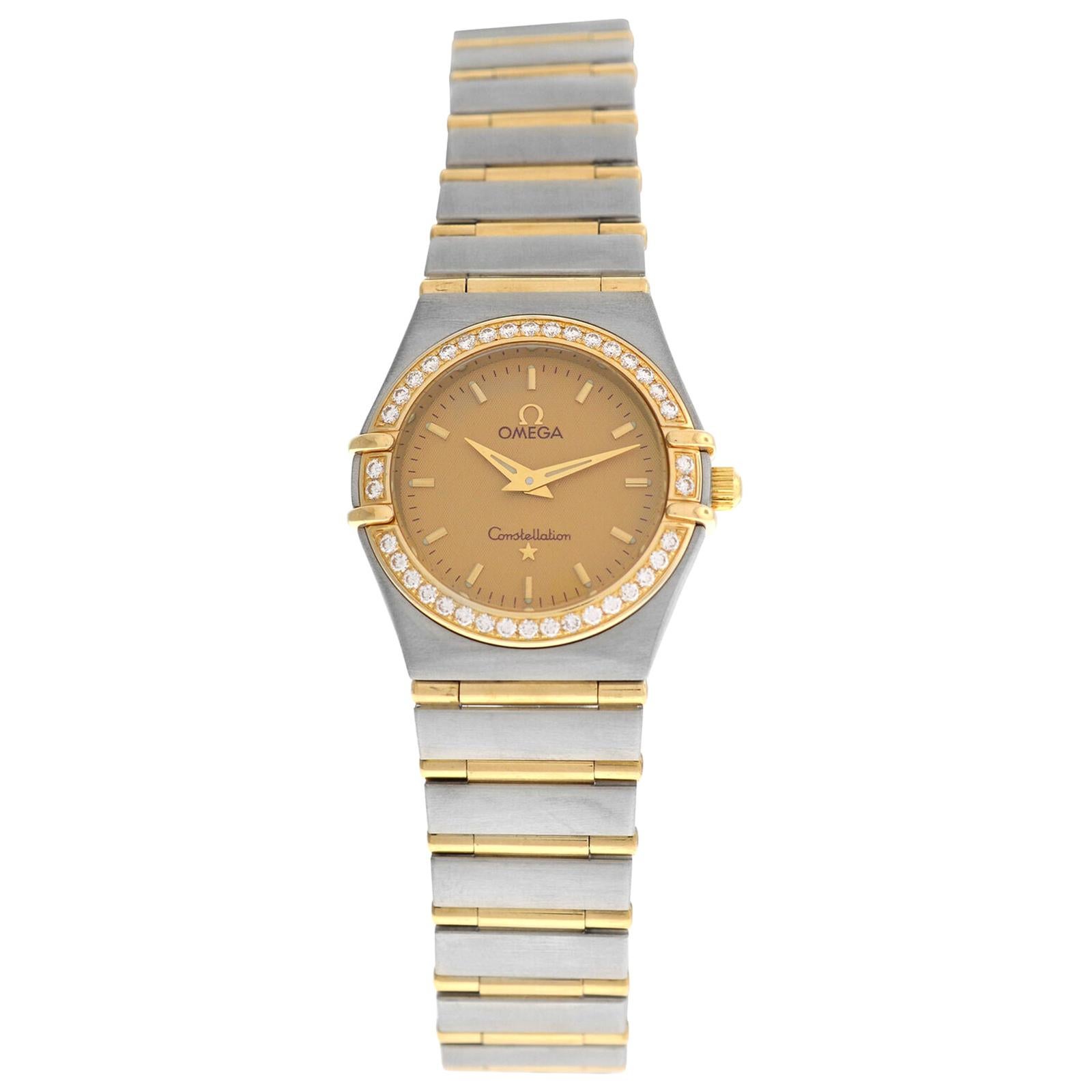 Ladies Omega Constellation 1277.10 Full Bar 18 Karat Gold Diamond Quartz Watch For Sale