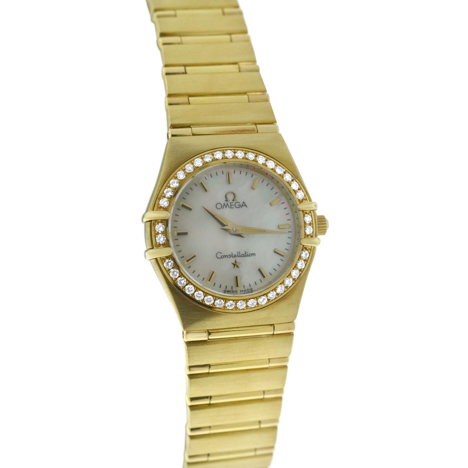 Brand	Omega
Model	Constellation
Gender	Ladies
Condition	Preowned
Movement	Swiss Quartz
Case Material	18K Yellow Gold
Bracelet  Strap Material	
18K Yellow Gold
Clasp  Buckle Material	
18K Yellow Gold	
Clasp Type	Deployment
Bracelet  Strap width	16 mm