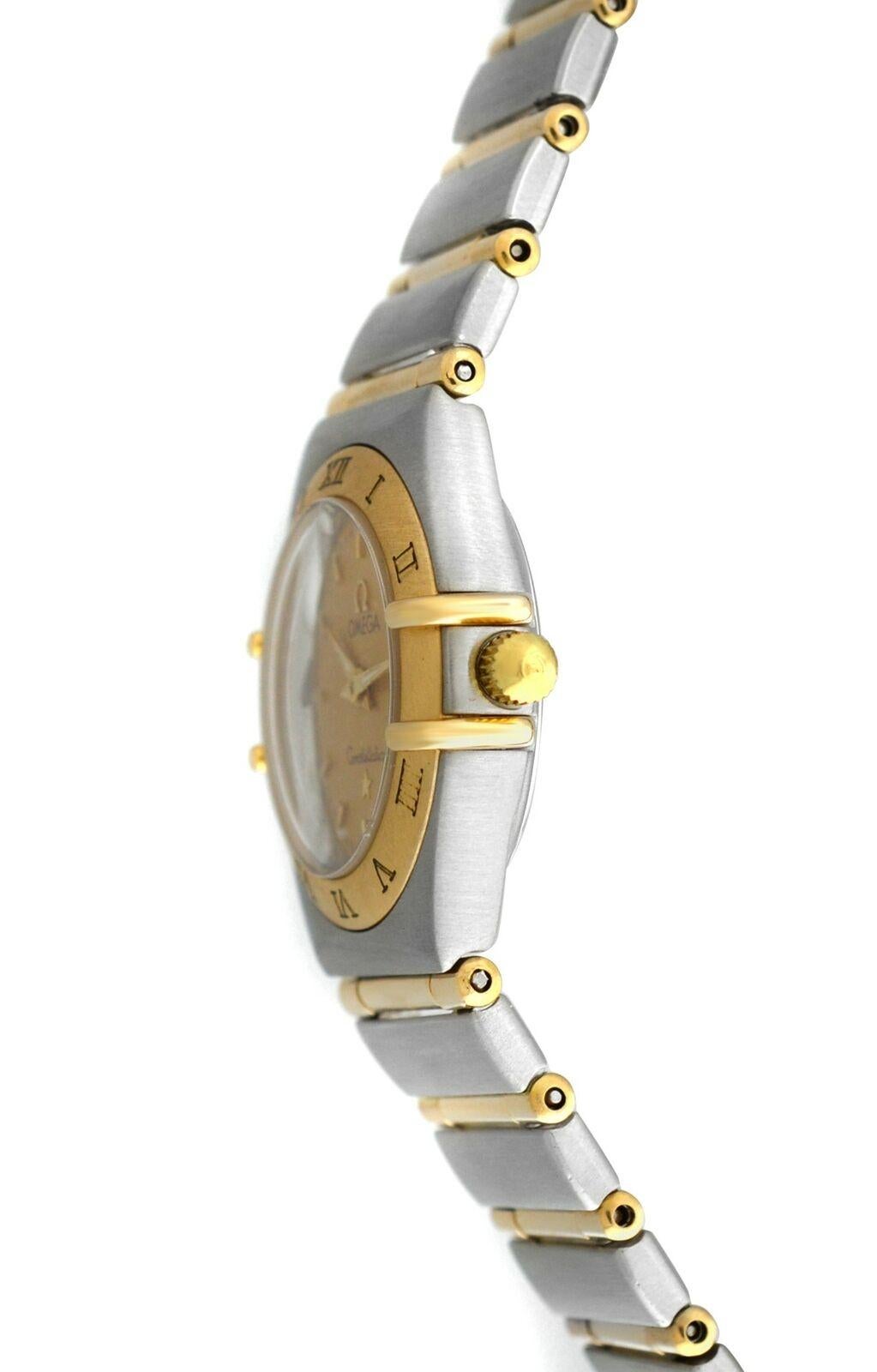 
Brand	Omega
Model	Constellation 7951203 
Gender	Ladies
Condition	Pre - Owned
Movement	Quartz
Case Material	18K Yellow Gold & Stainless Steel
Bracelet / Strap Material	18K Yellow Gold & Stainless Steel
Clasp / Buckle Material	Stainless Steel with
