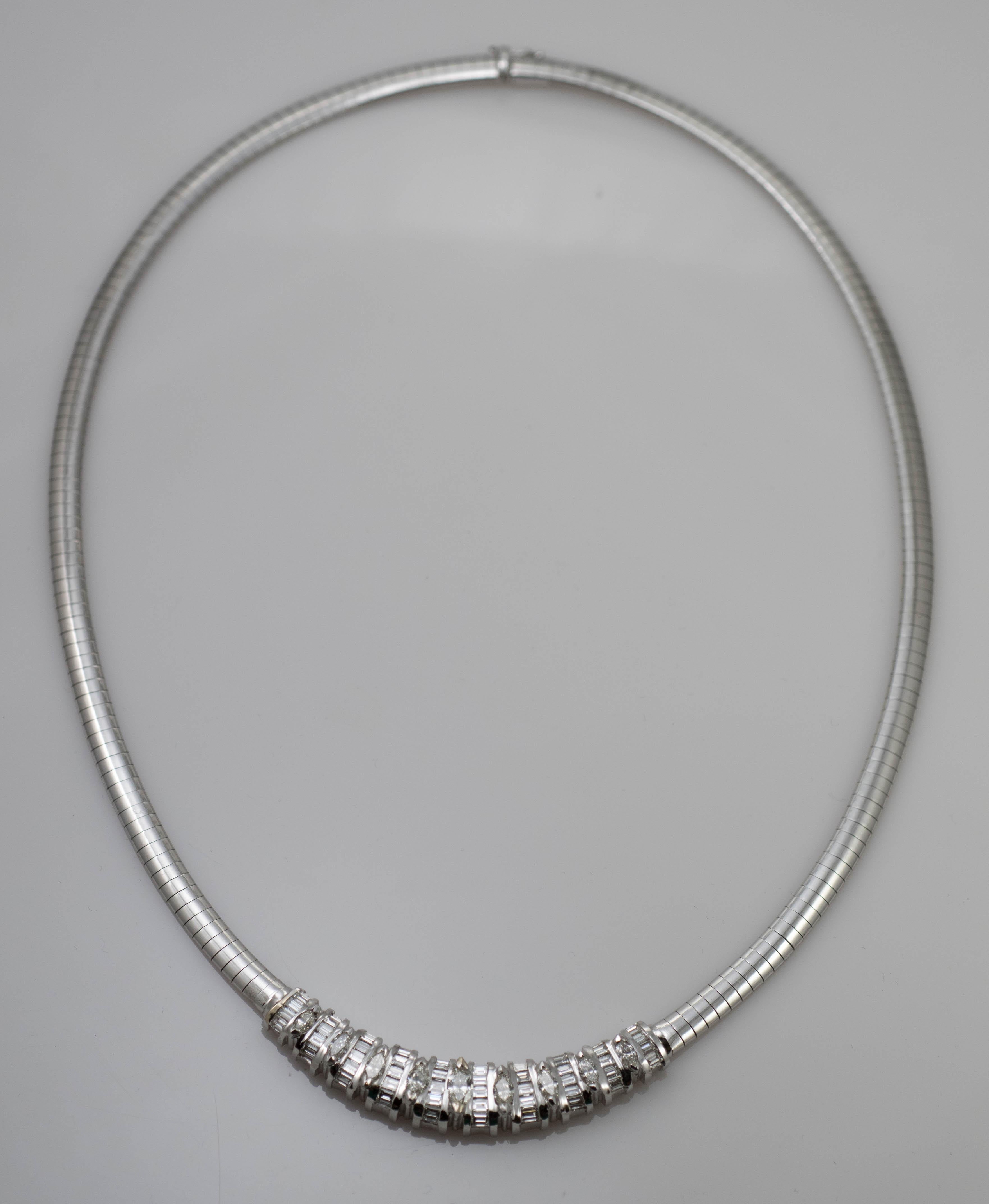 Marquise Cut Ladies Omega Necklace 14 Karat White Gold Diamonds 4.50 Total Diamond Weight