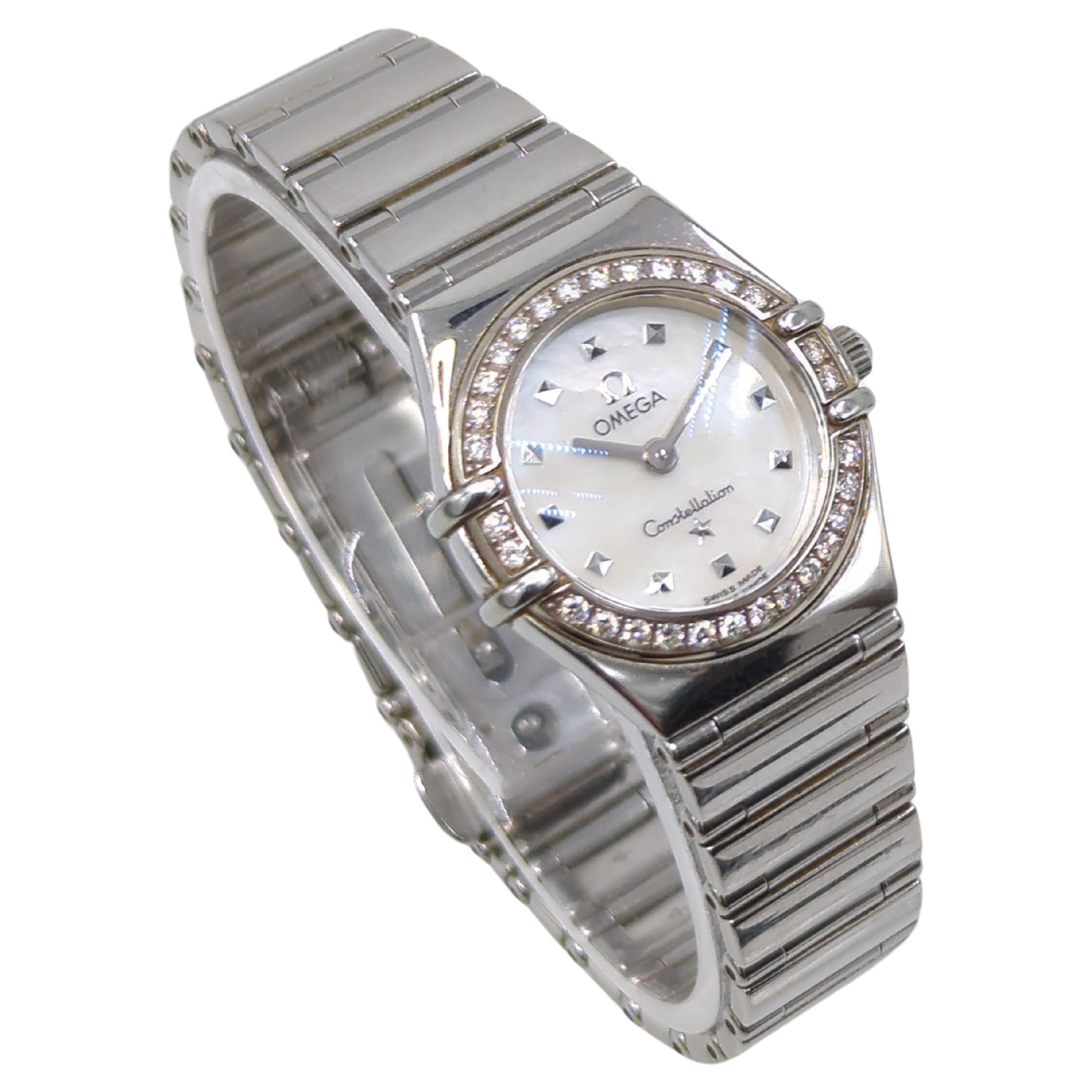 A ladies Omega Stainless Steel Constellation watch with diamond bezel and MOP dial, stick hands, part of the MY CHOICE (Cindy Crawford) collection.

Reference: 1465.71.00
Movement ref: 1456
Case diameter: 22.5mm
Suitable Wrist size: 7 