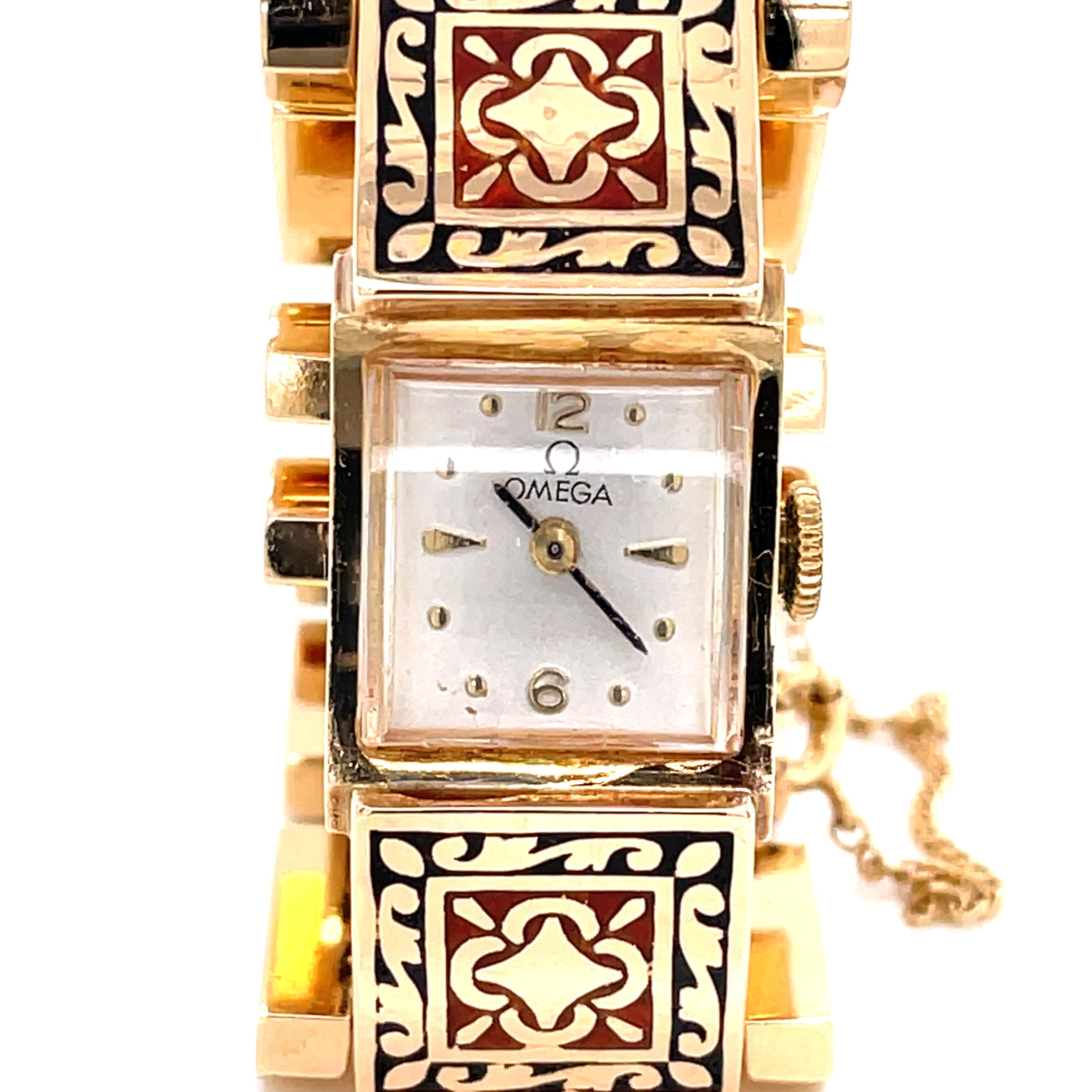 Ladies Omega Red and Black Cloisonne 14 Karat Yellow Gold Link Bracelet Watch For Sale 3