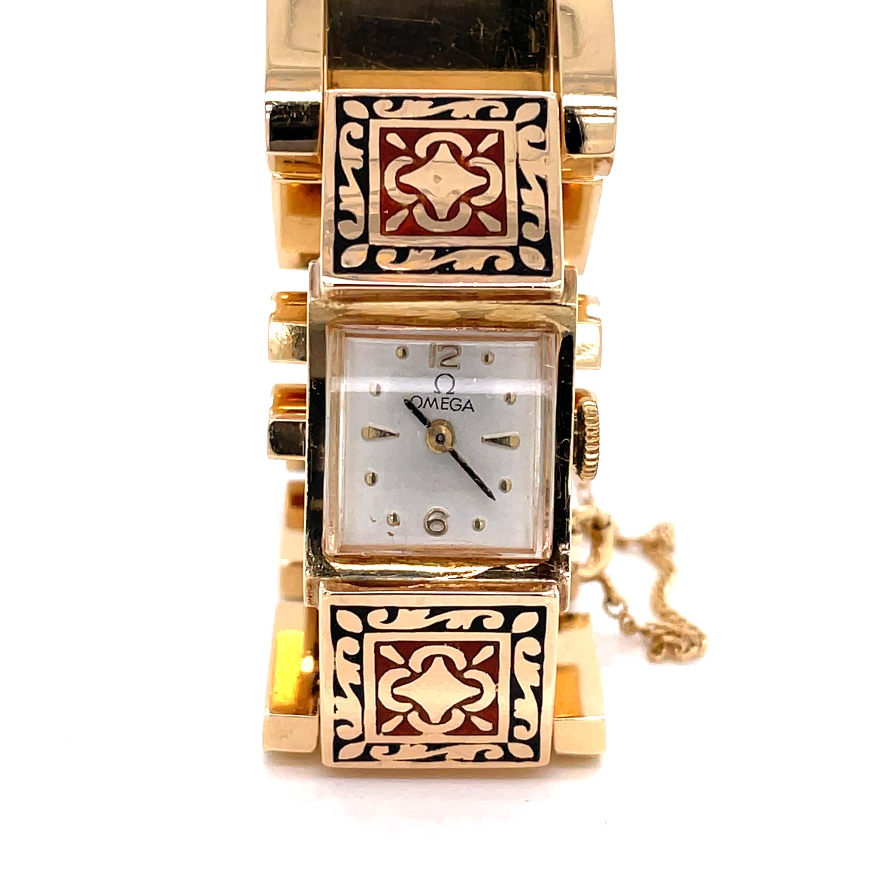 Ladies Omega Red and Black Cloisonne 14 Karat Yellow Gold Link Bracelet Watch For Sale 4