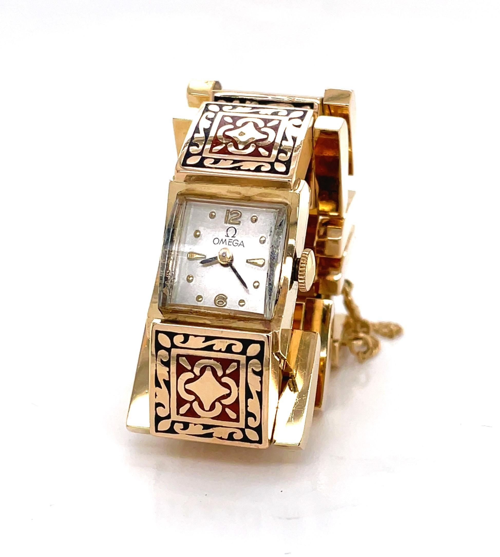 Ladies Omega Red and Black Cloisonne 14 Karat Yellow Gold Link Bracelet Watch For Sale 5