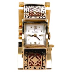 Vintage Ladies Omega Red and Black Cloisonne 14 Karat Yellow Gold Link Bracelet Watch