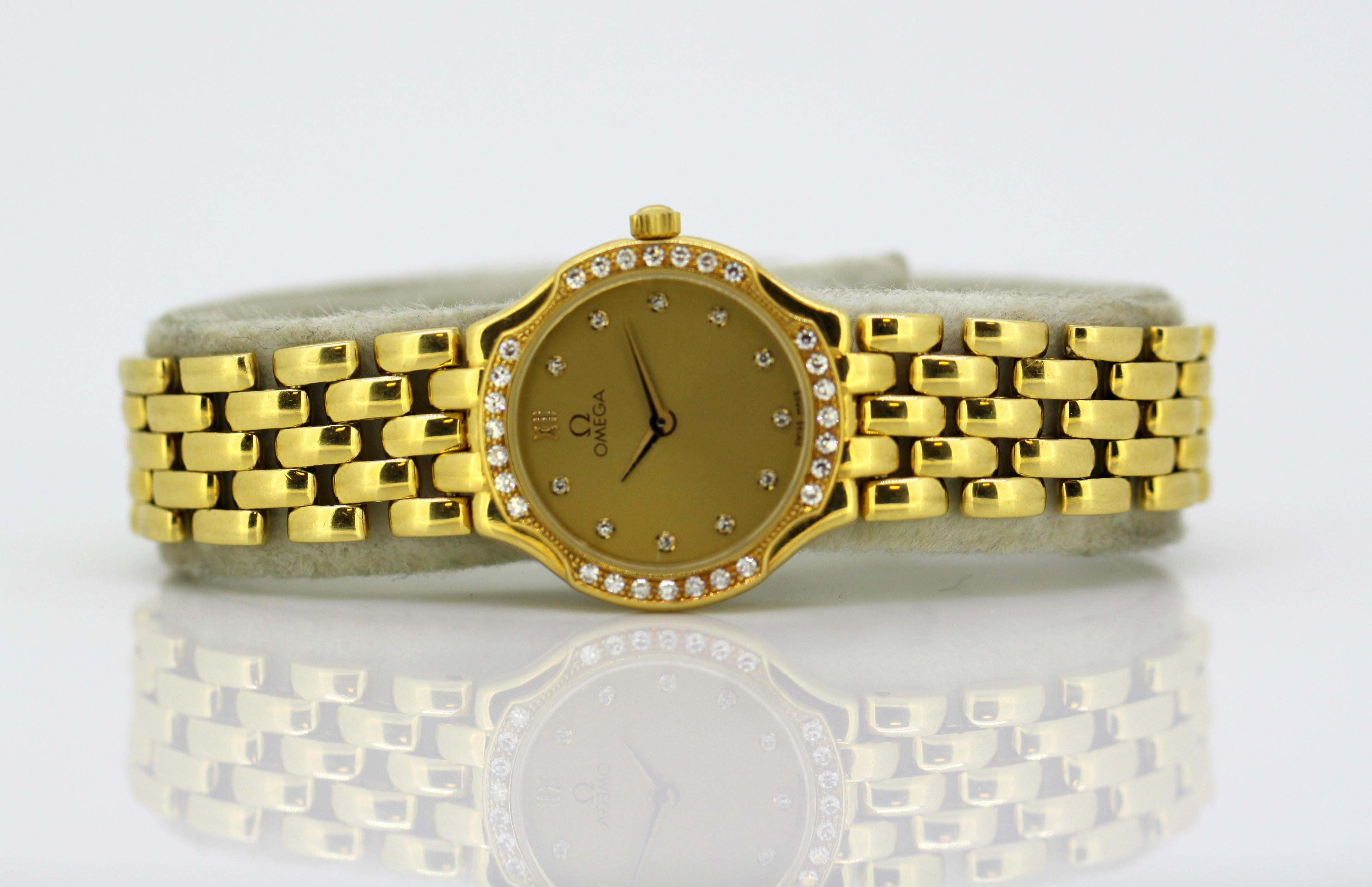 Ladies Omega wristwatch set in full 18k gold, diamond bezel & hour markers 6