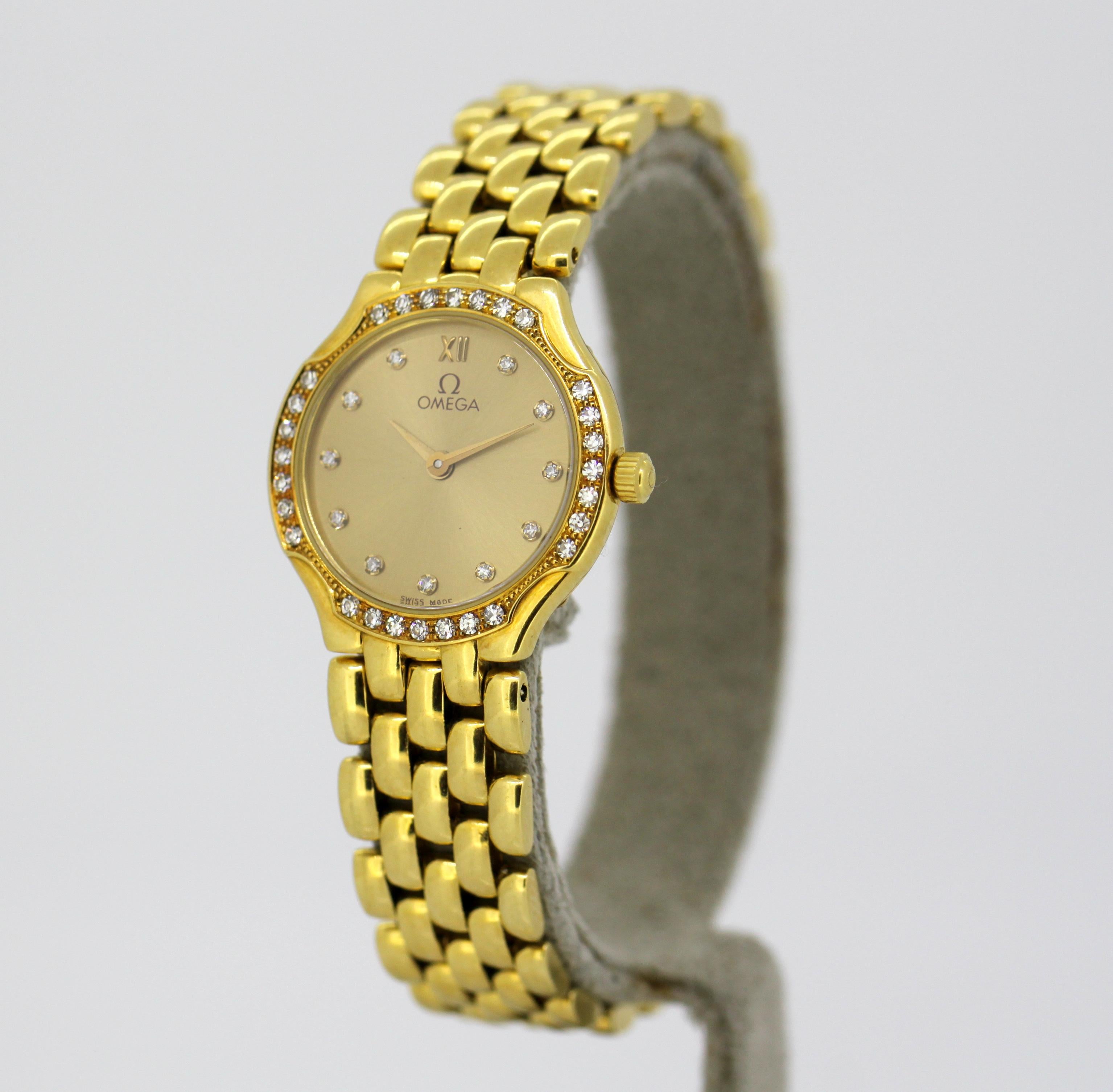 Ladies Omega wristwatch set in full 18k gold, diamond bezel & hour markers In Excellent Condition In Braintree, GB