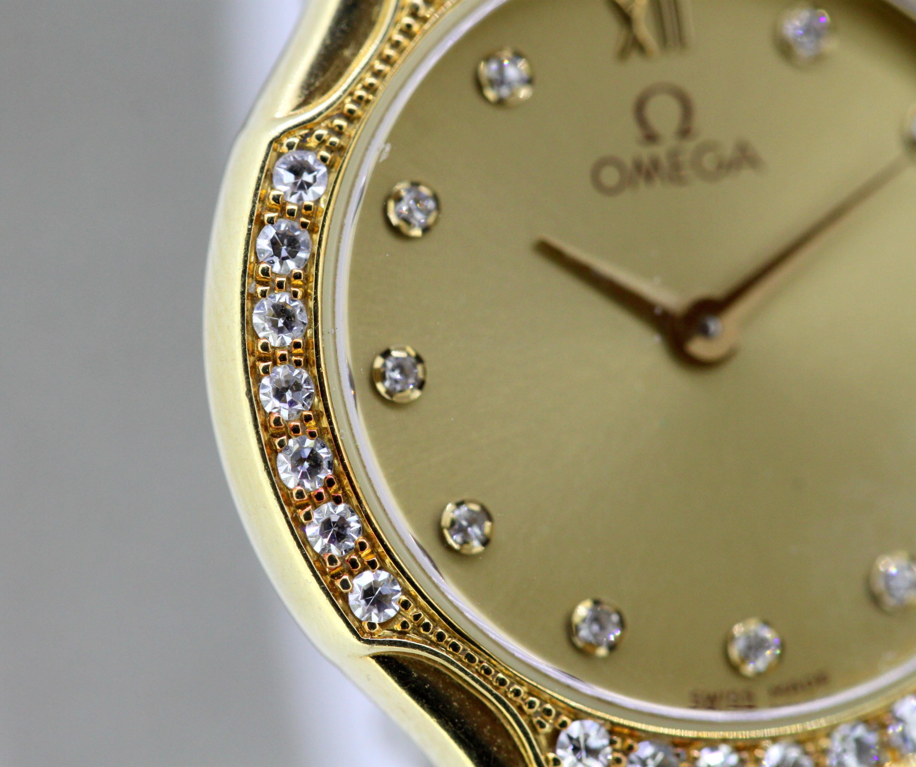 Ladies Omega wristwatch set in full 18k gold, diamond bezel & hour markers 2