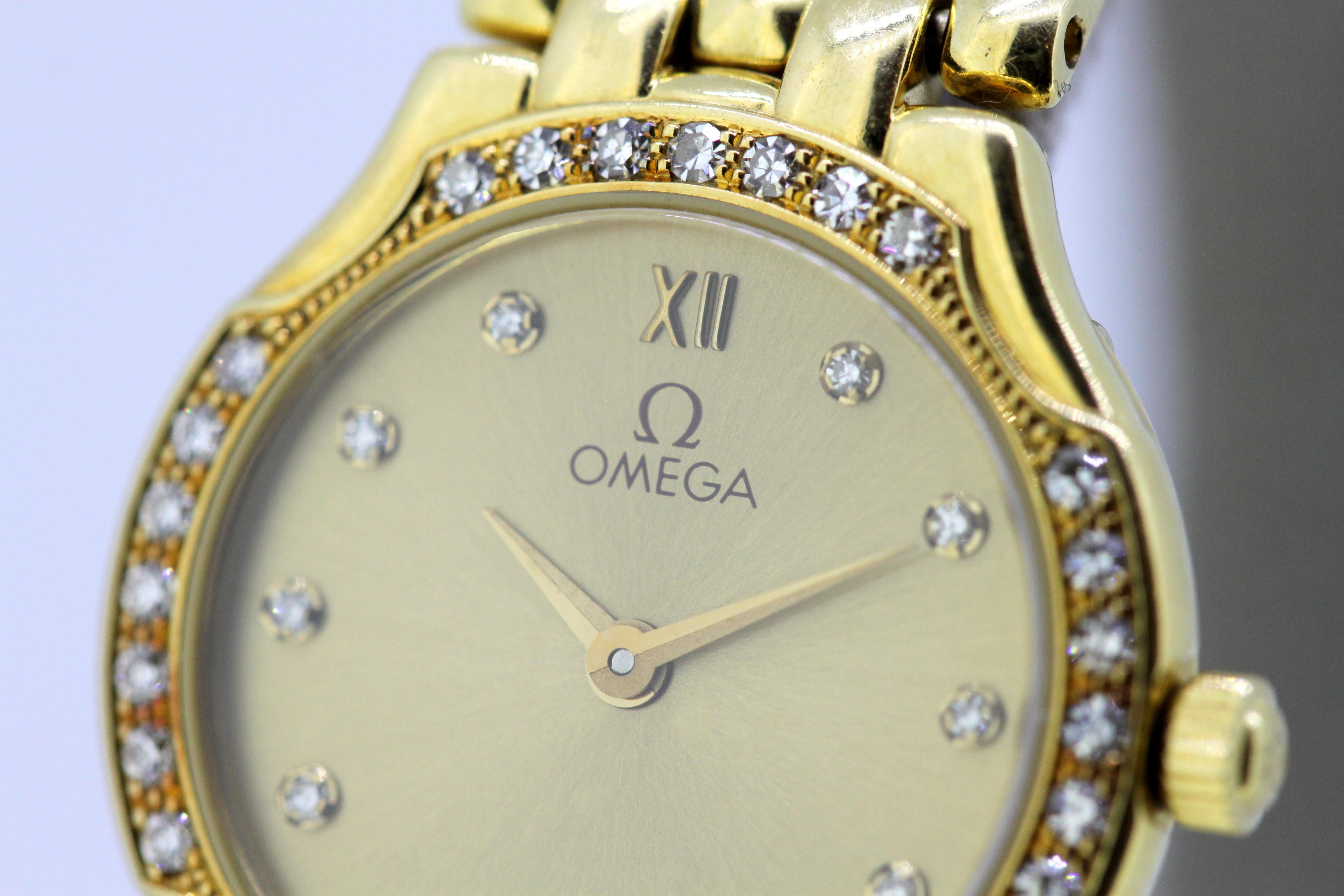 Ladies Omega wristwatch set in full 18k gold, diamond bezel & hour markers 3