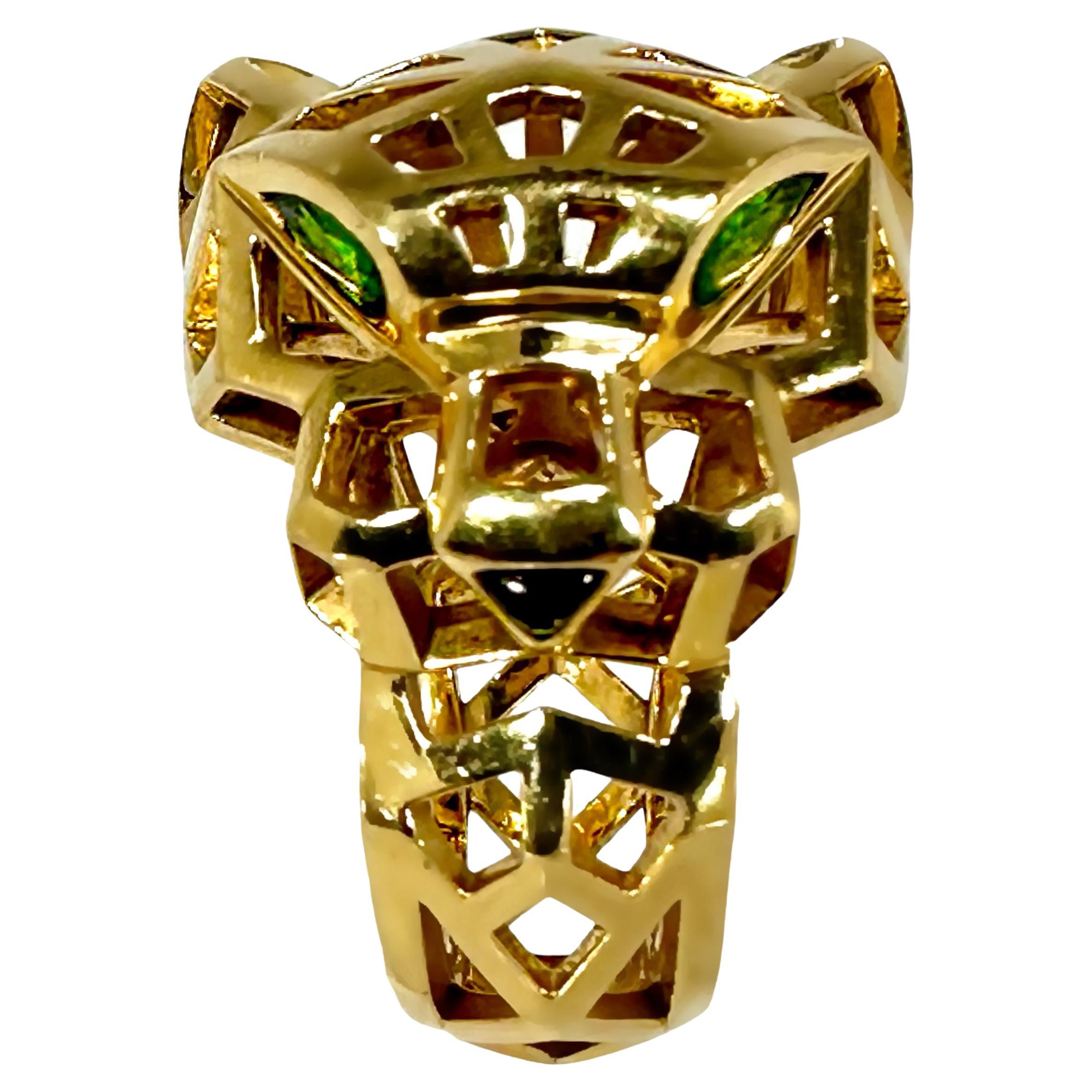 Ladies Panthere de Cartier Ring in Gold with Tsavorite Garnet Eyes & Onyx Nose For Sale