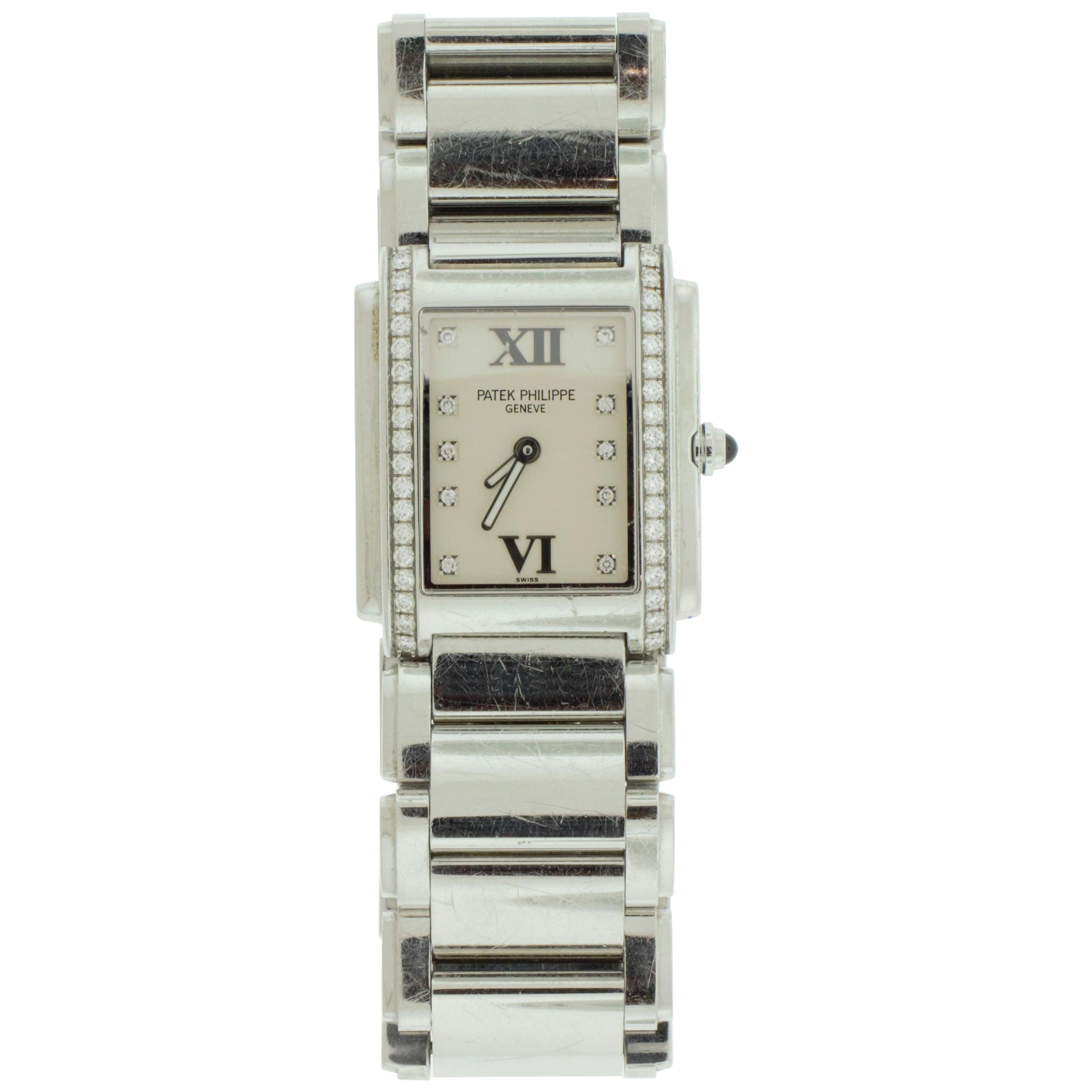 Ladies Patek Philippe Stainless Steel and Diamond Watch For Sale
