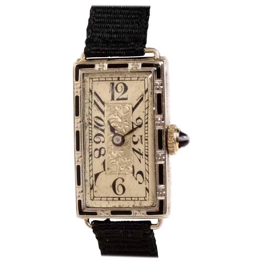 Ladies Patria Art Deco 18 Karat Gold Watch, Enamel Inlay & Carved Filigreed Case