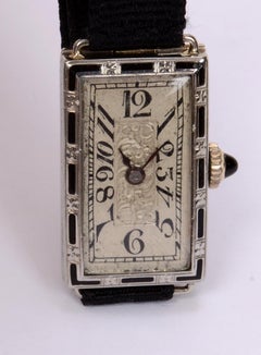 Ladies Patria Art Deco 18 Karat Gold Watch, Enamel Inlay & Carved Filigreed Case
