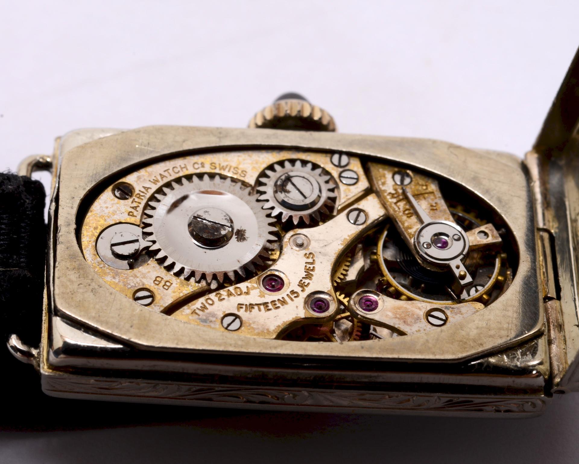 Women's Ladies Patria Art Deco 18 Karat Gold Watch, Enamel Inlay & Carved Filigreed Case For Sale