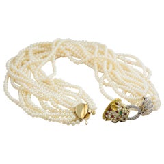 Ladies Pearl Choker Necklace with Cultured Pearls, 18 Karat Gold and Diamonds