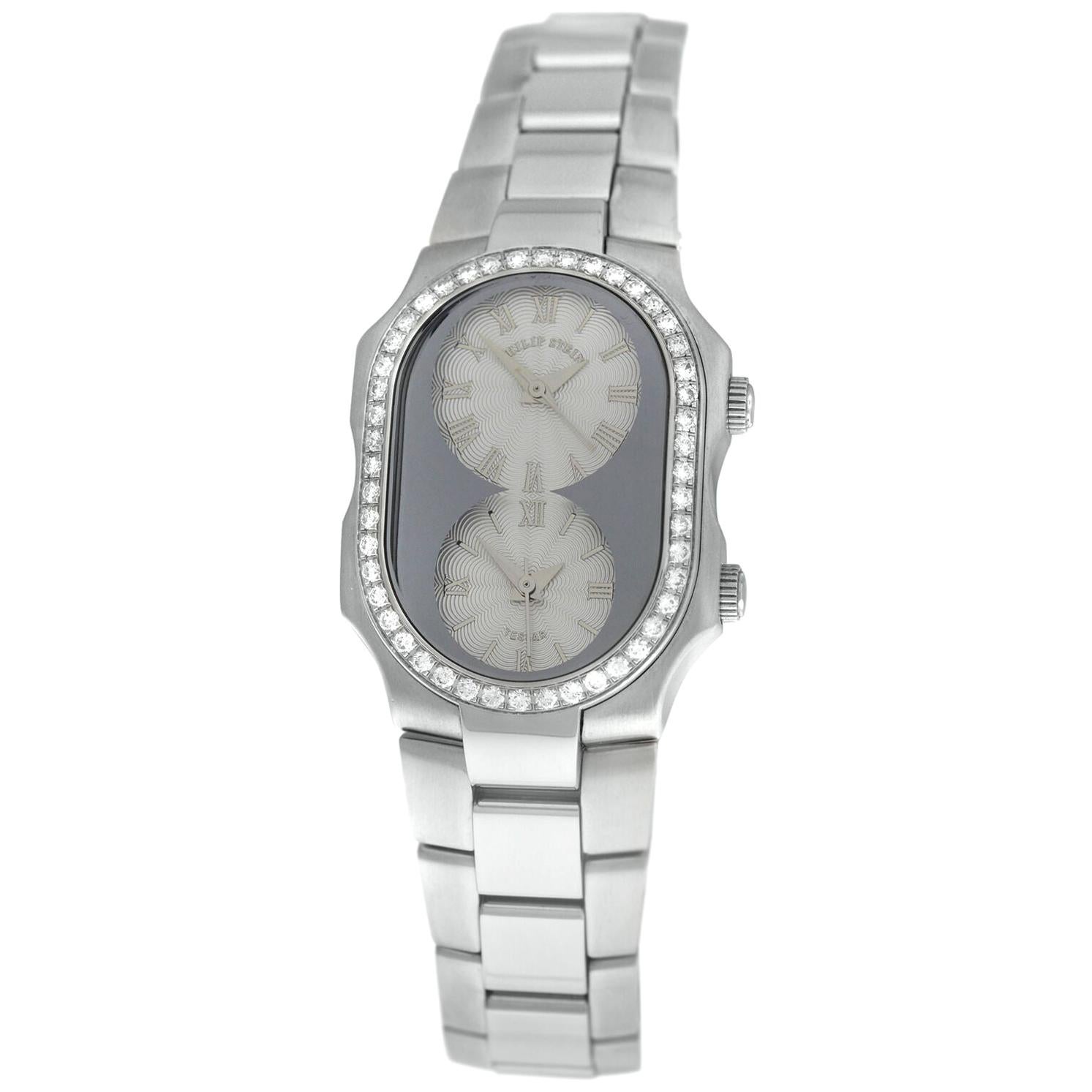 Ladies Philip Stein Teslar 2 Time Zone Steel Diamond Quartz Watch For Sale