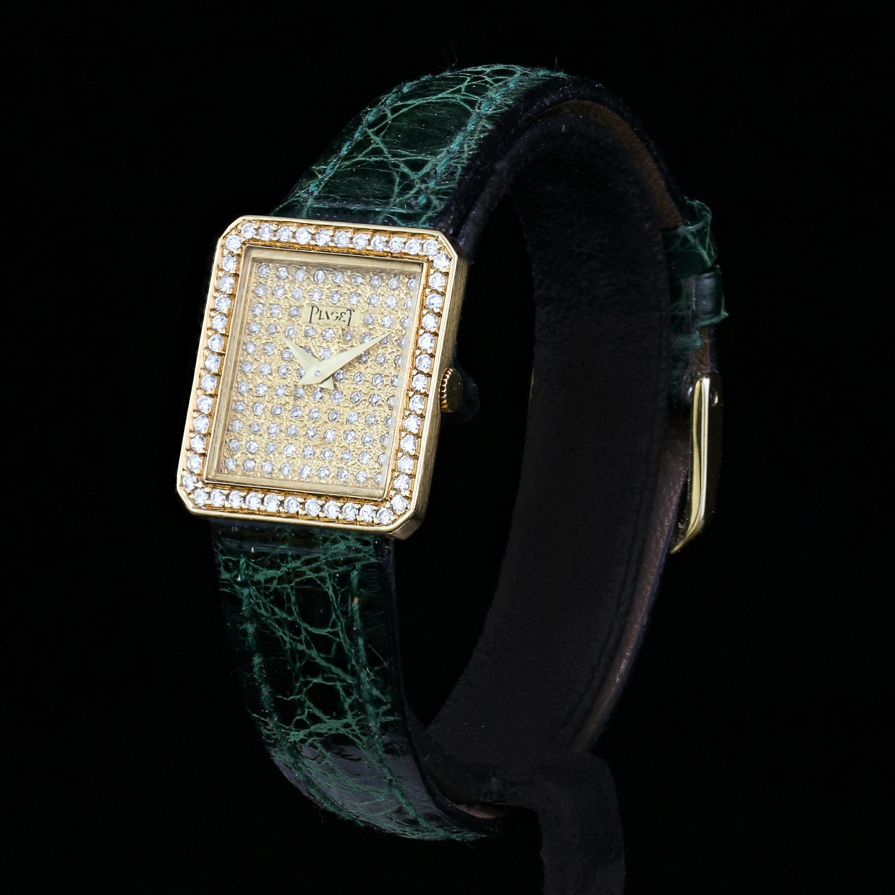 Round Cut Ladies Piaget Custom Diamond Dial and Bezel 18k Gold Manual Winding Wristwatch For Sale