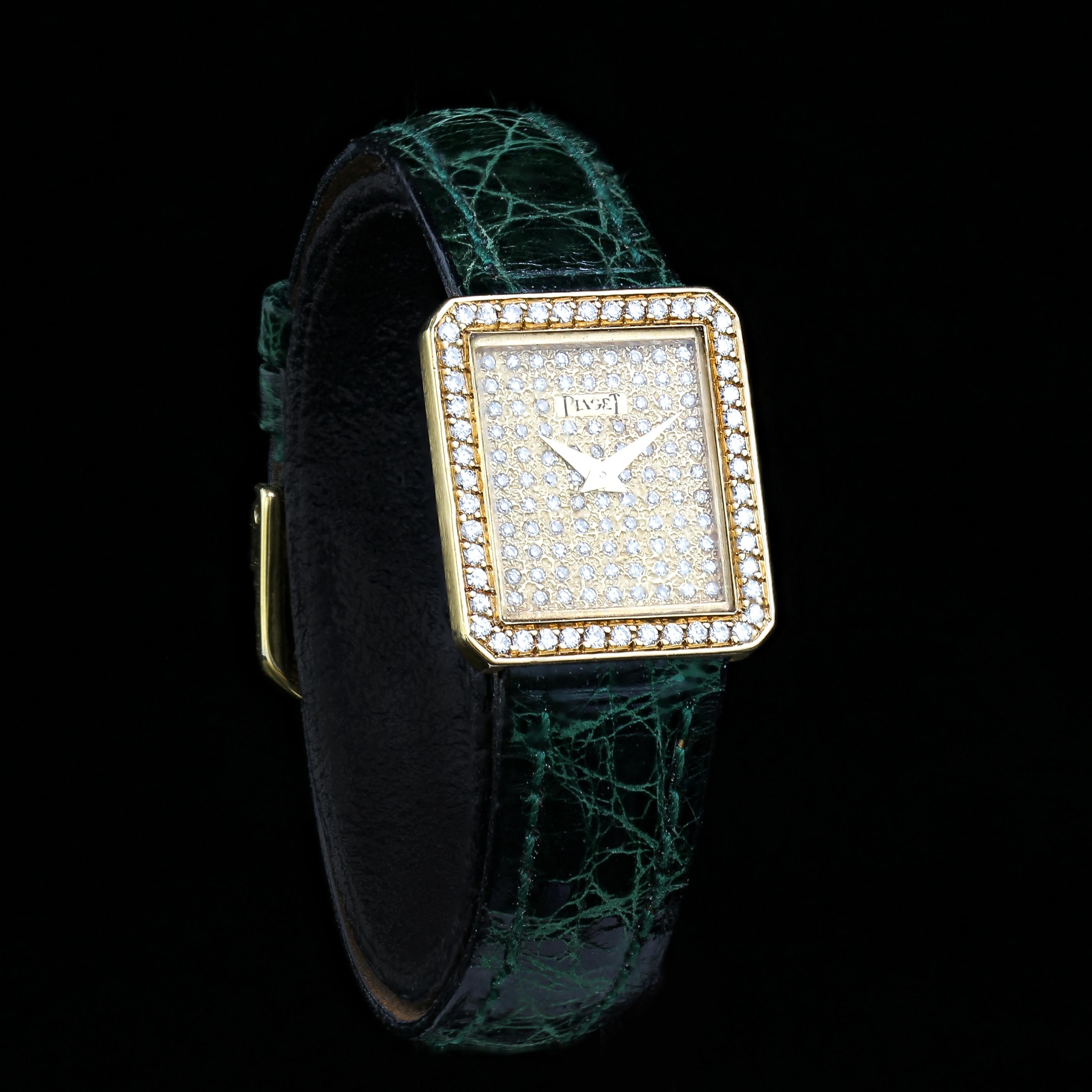 Ladies Piaget Custom Diamond Dial and Bezel 18k Gold Manual Winding Wristwatch In Good Condition For Sale In Braintree, GB