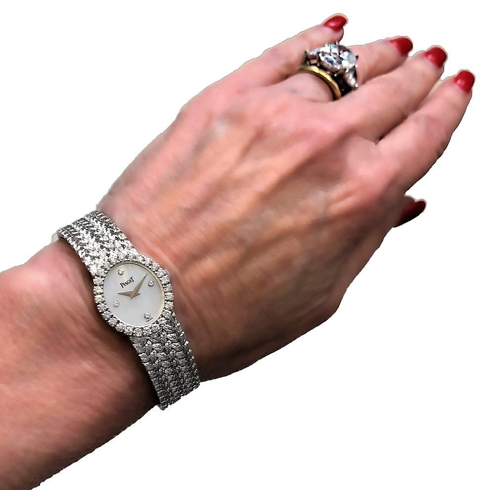 Ladies Piaget Petite Mother of Pearl Diamond Dial, White Gold Woven Band Watch 4