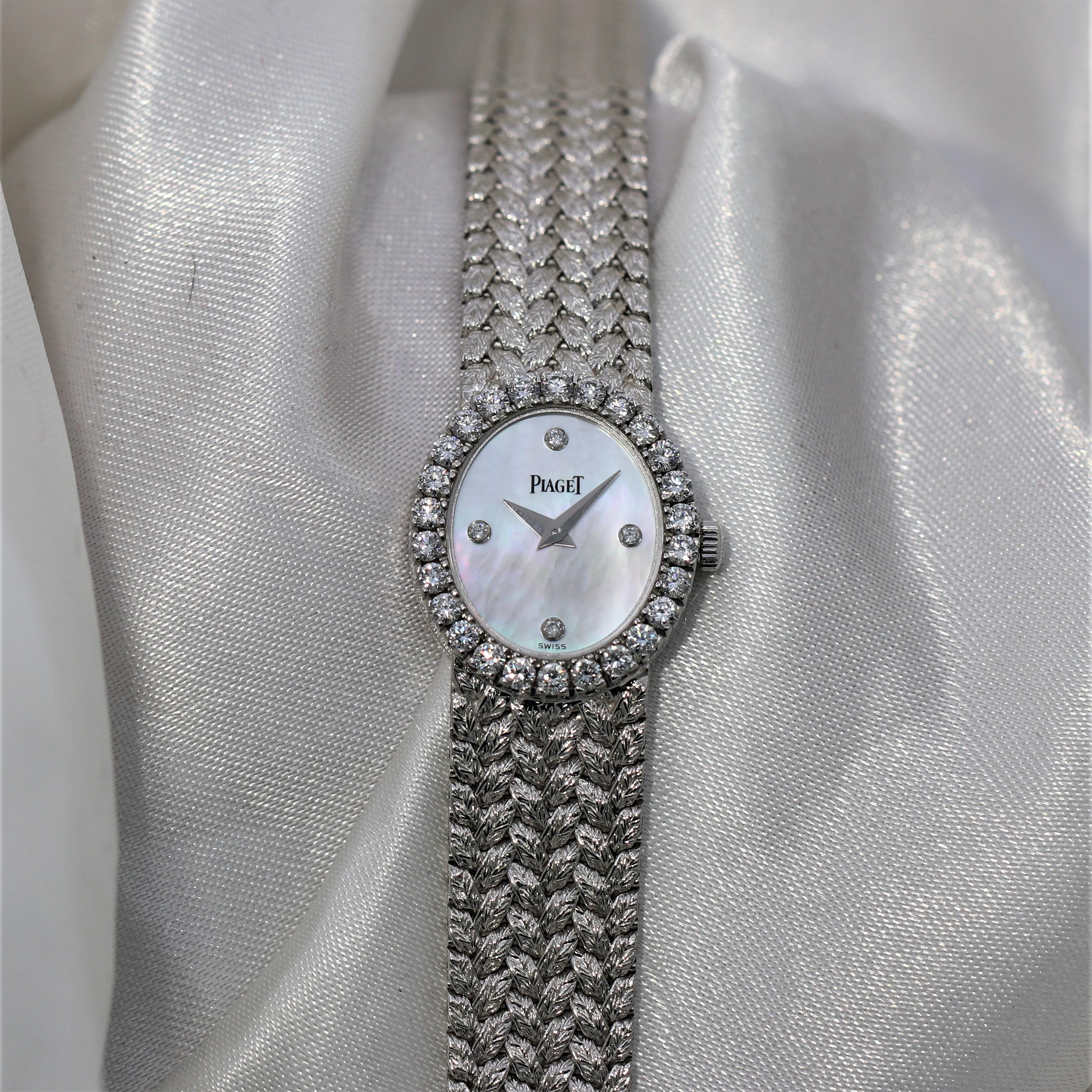 Ladies Piaget Petite Mother of Pearl Diamond Dial, White Gold Woven Band Watch 2
