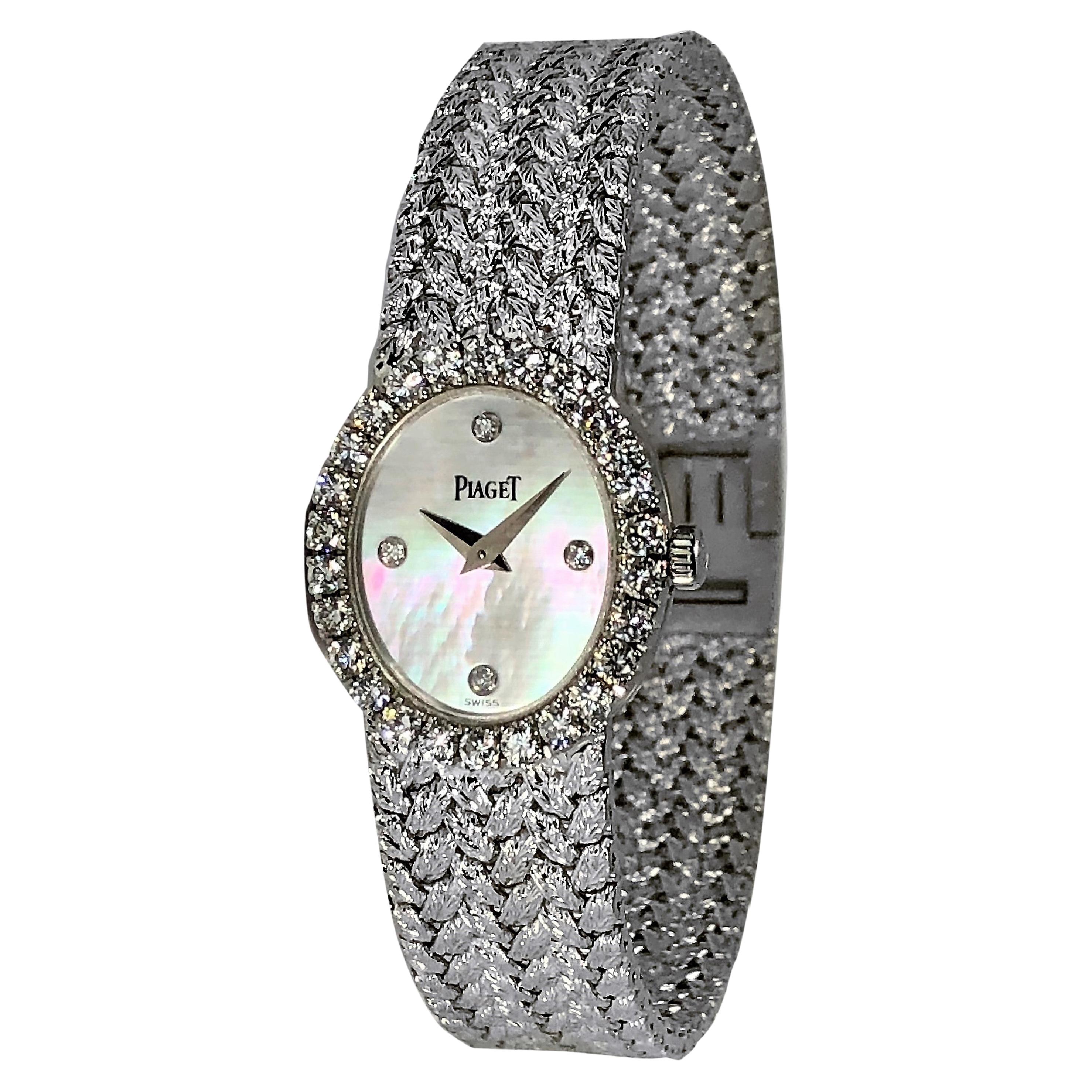 Ladies Piaget Petite Mother of Pearl Diamond Dial, White Gold Woven Band Watch