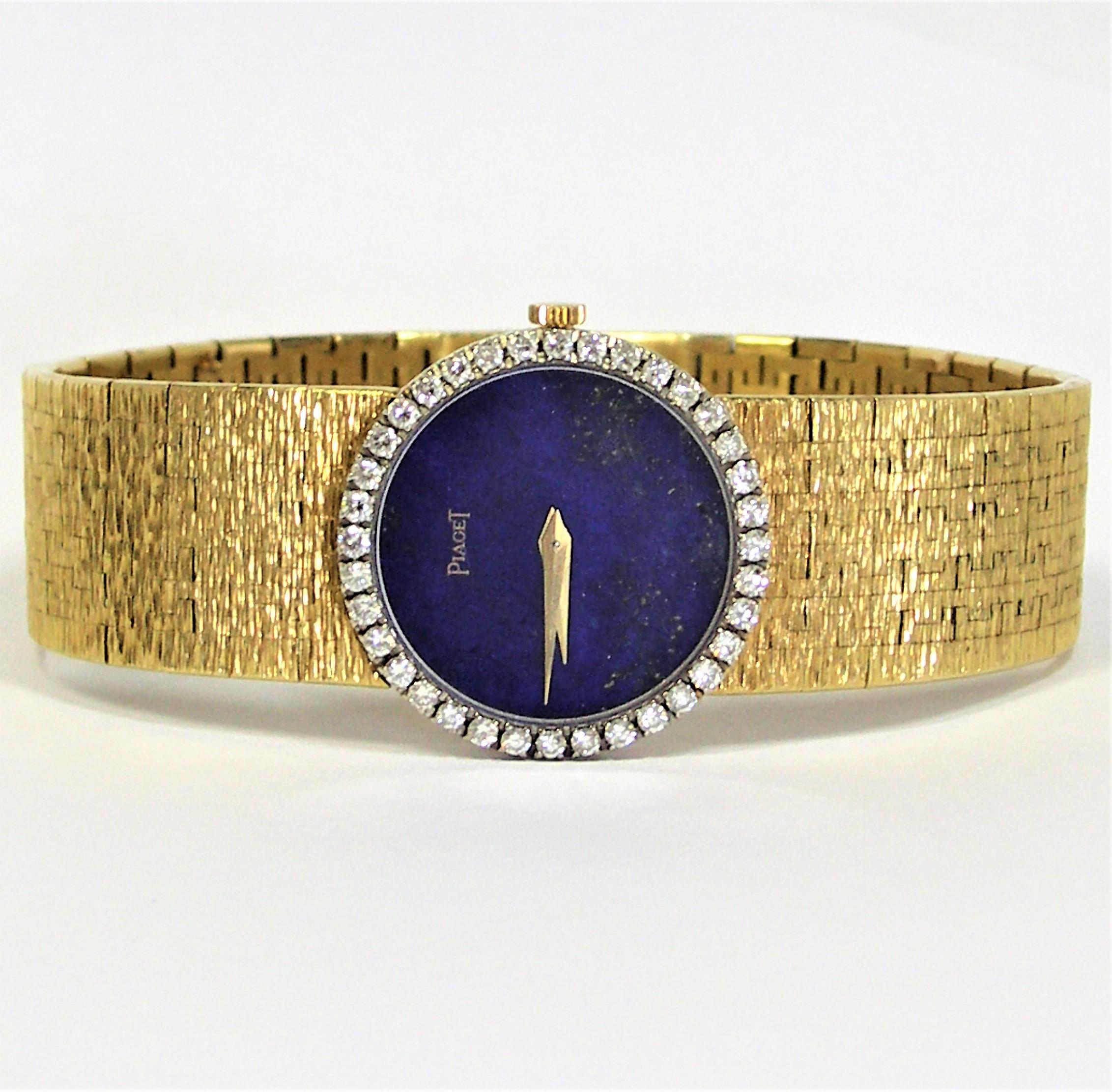 Round Cut Ladies Piaget Watch with Lapis Dial and Diamond Bezel