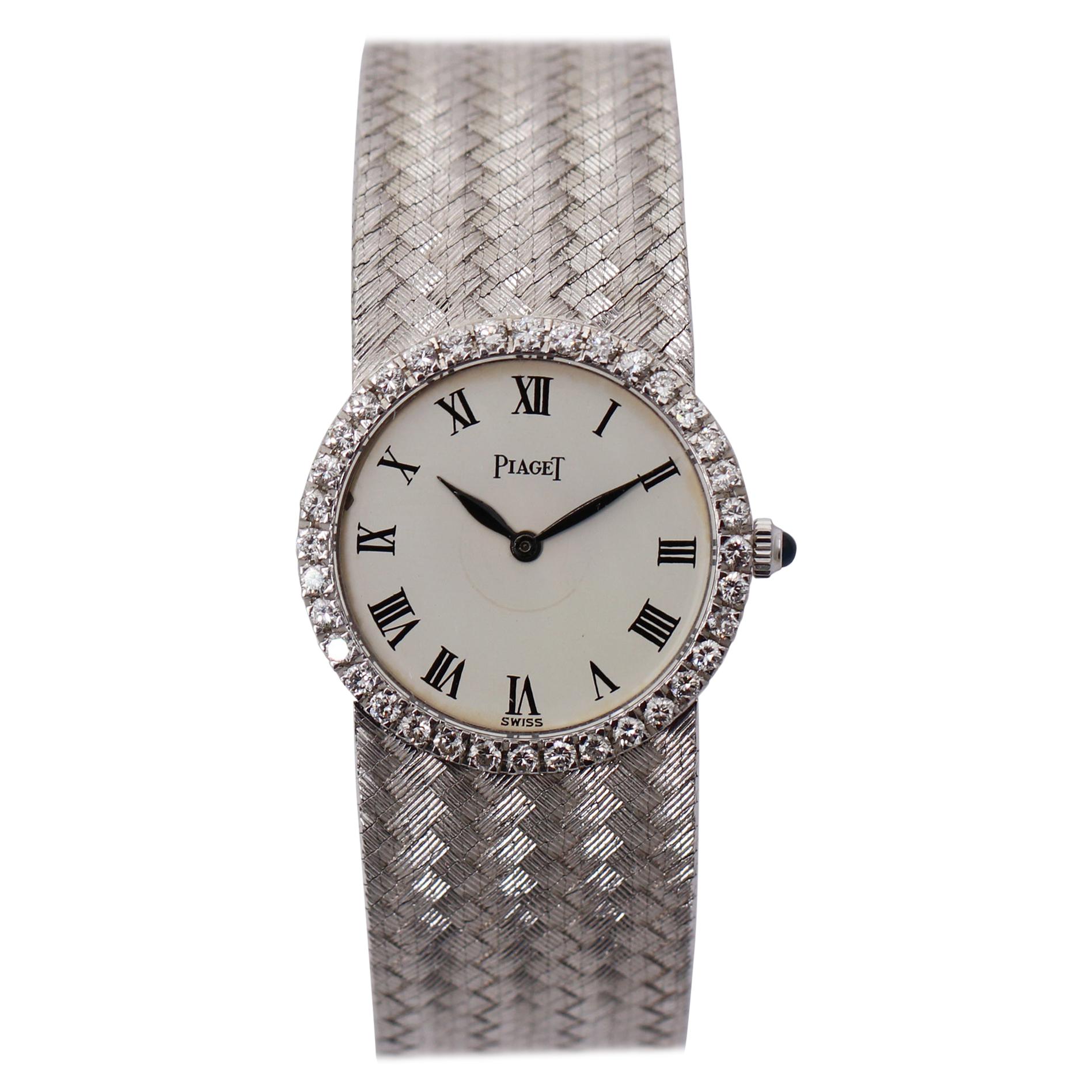 Ladies Piaget Watch with Roman Numeral White Dial and Diamond Bezel