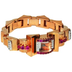 Ladies Pink Gold Diamond Ruby Wristwatch, circa 1940s