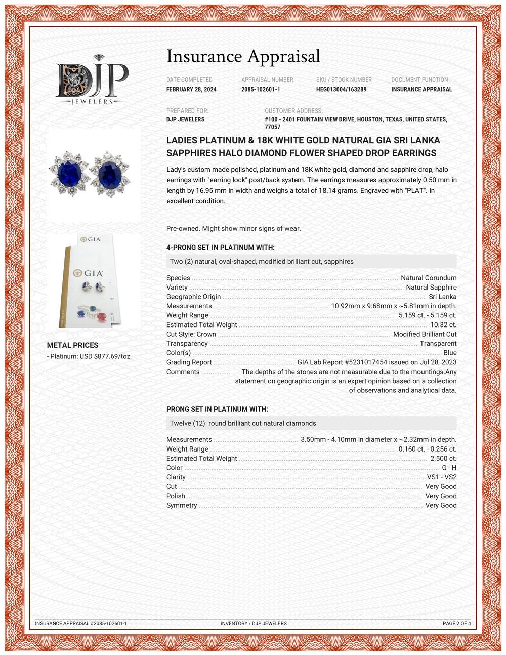 Ladies Platinum 18K White Gold GIA Sri Lanka Sapphires Diamond Drop Earring For Sale 3