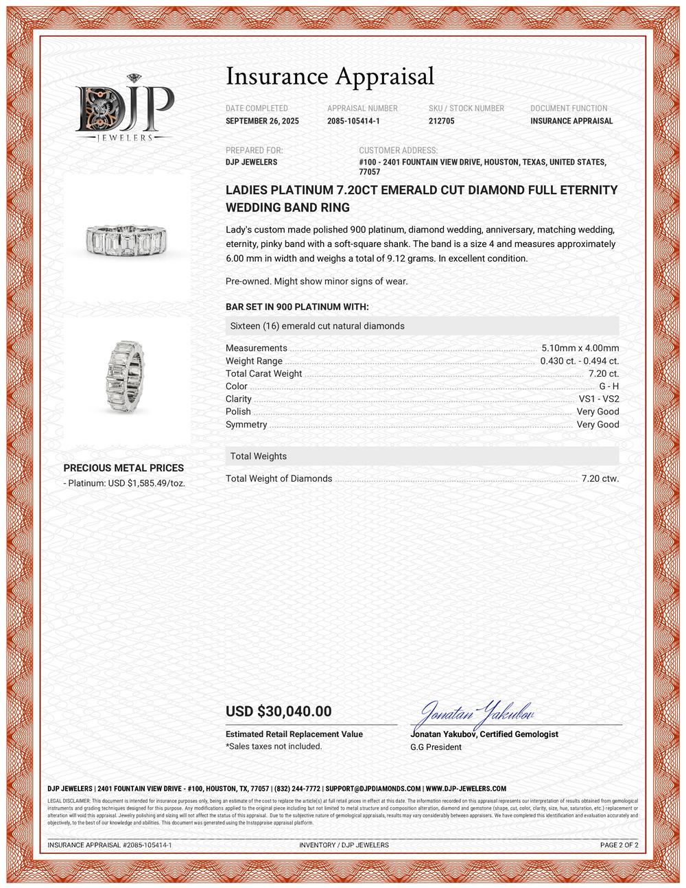 Anello da donna in platino con diamante taglio smeraldo da 7,20 ct. in vendita 3