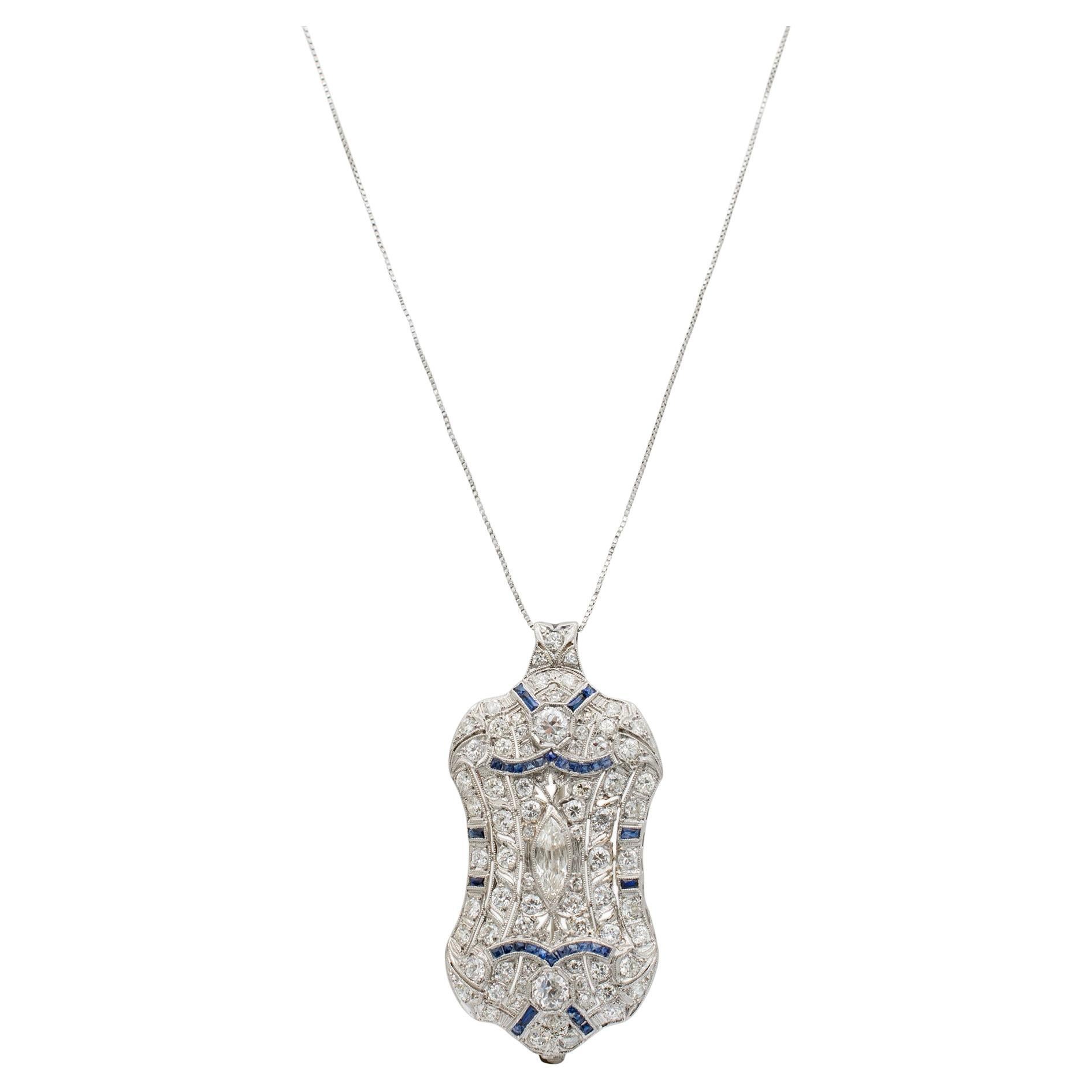 Ladies Platinum Antique Art Deco Lavalier Diamonds Brooch / Pendant Necklace