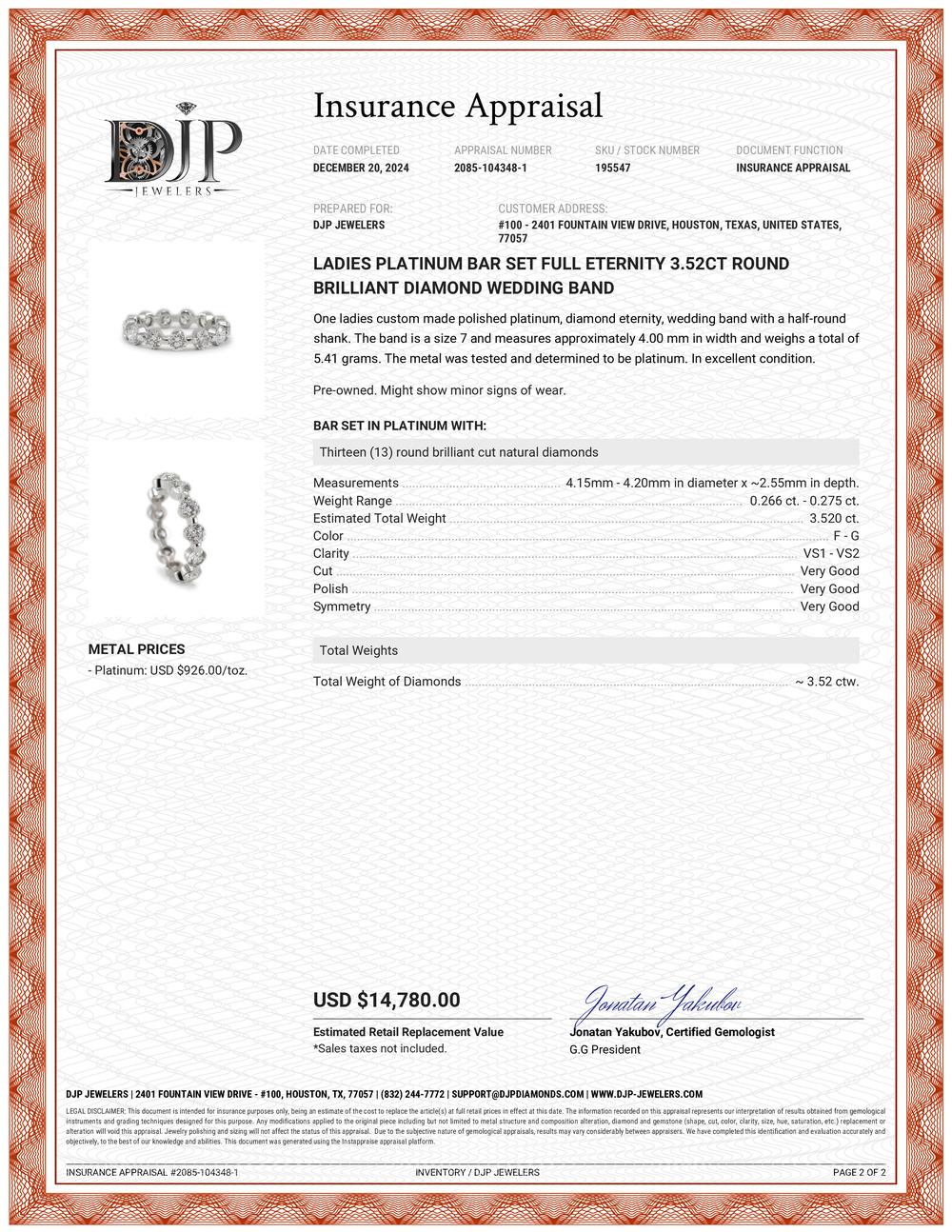 Ladies Platinum Bar Set Eternity 3.52ct Round Brilliant Diamond Wedding Band 2