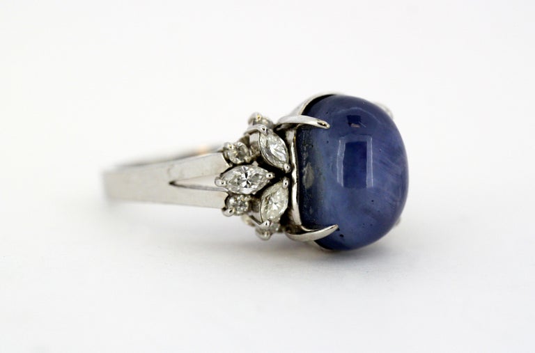 Ladies Platinum Cabochon Star Sapphire Ring with Diamonds For Sale 8