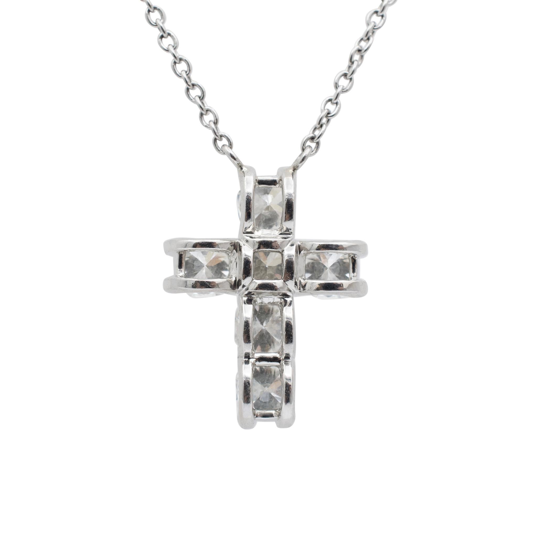 Gender: Ladies

Metal Type: 950 platinum

Length: 16.00 inches

Cross pendant measurements: 18.15mm x 14.15mm

Weight: 6.22 grams

Lady's custom made polished 950 platinum, diamond necklace. Engraved with 