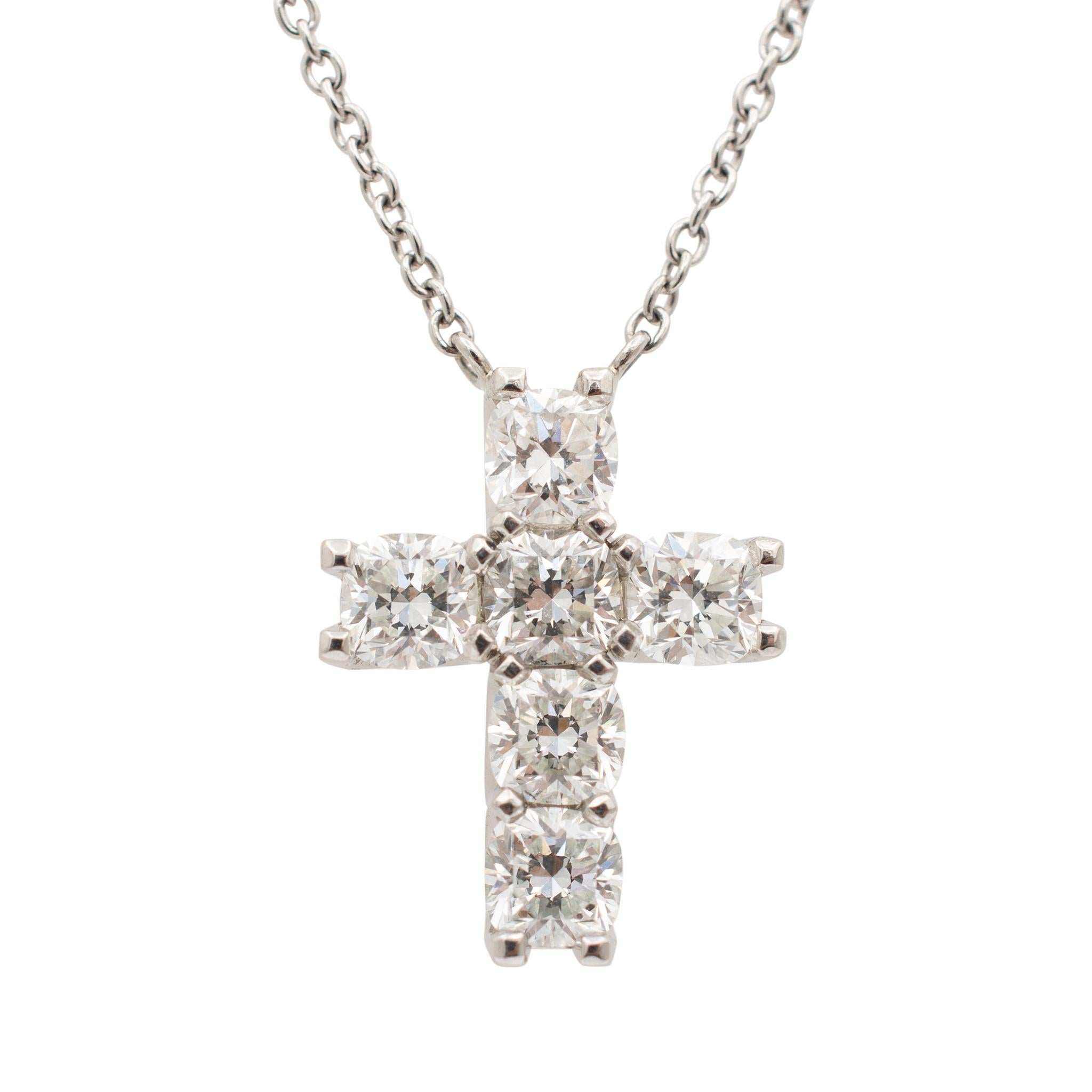 Ladies Platinum Cushion Diamond Cross Pendant Necklace In Excellent Condition For Sale In Houston, TX