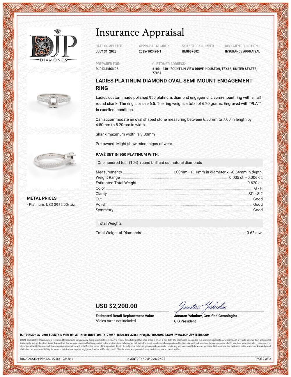 Ladies Platinum Diamond Oval Semi Mount Engagement Ring For Sale 3