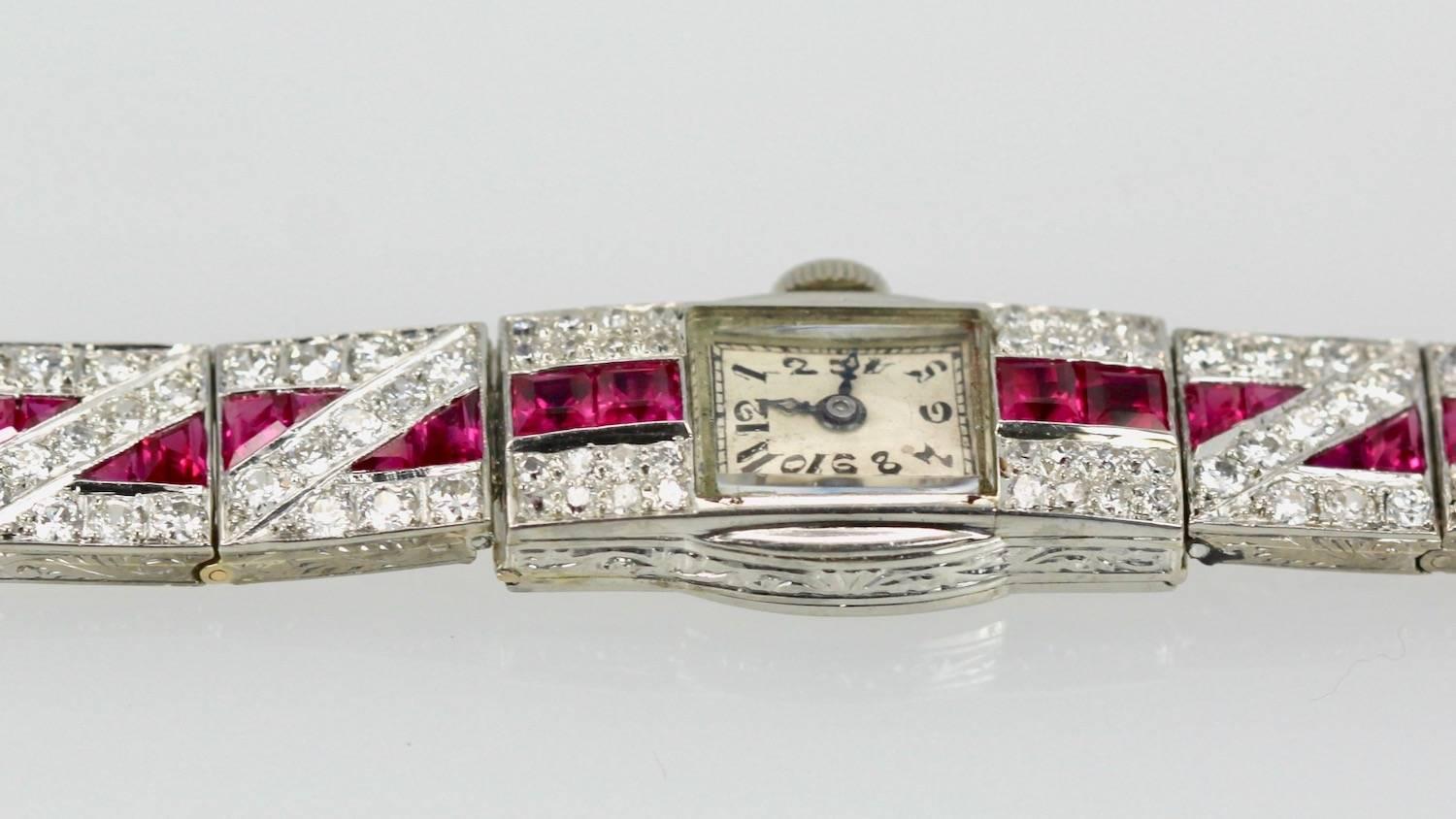 This Deco Diamond Ruby Platinum watch is rare and seldom do these amazing bracelet watches come up for sale.  This one is simple yet gorgeous.  These are real rubies not synthetic as synthetics stones were just becoming available and were popular at